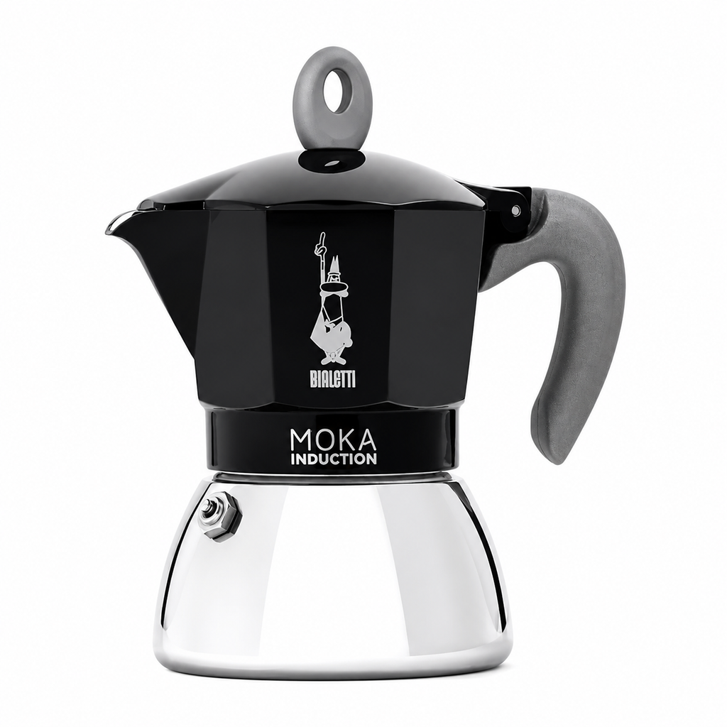Bialetti Induction Moka from Cirelli Coffee, an Italian stovetop coffee maker compatible with induction and other cooktops, available in red or black and 4 cup or 6 cup options for rich full-bodied moka coffee at home.