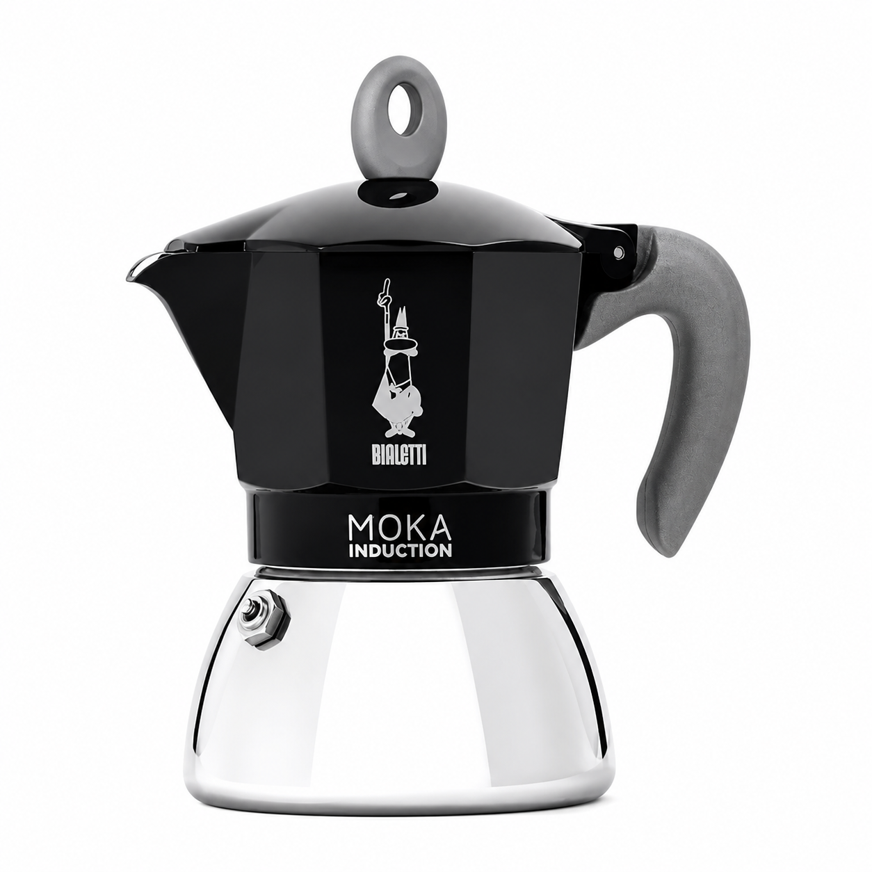 Bialetti Induction Moka from Cirelli Coffee, an Italian stovetop coffee maker compatible with induction and other cooktops, available in red or black and 4 cup or 6 cup options for rich full-bodied moka coffee at home.
