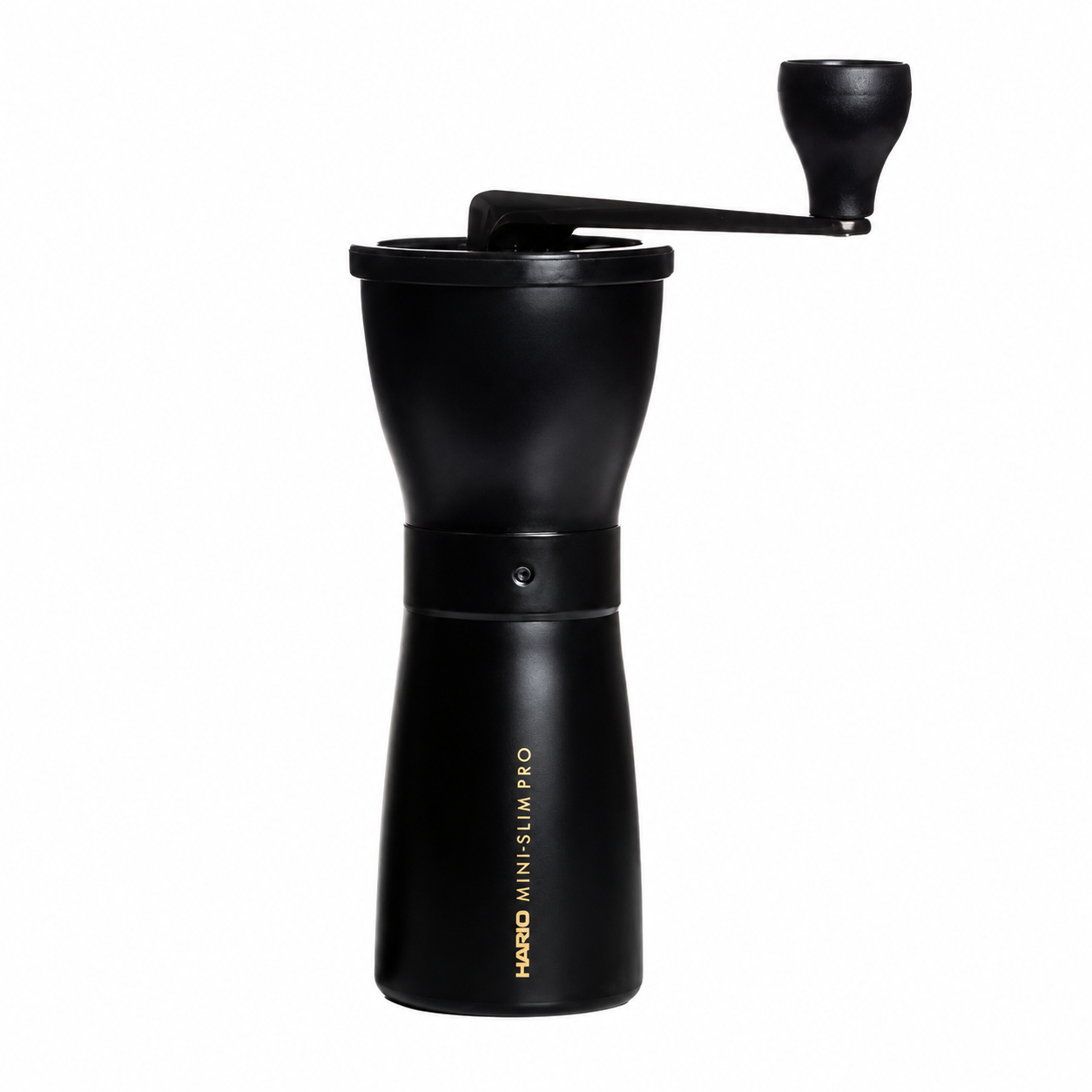 Hario Coffee Mill Slim Pro from Cirelli Coffee, a slim manual coffee grinder with stainless steel body, cast aluminium handle, ceramic conical burrs, adjustable grind coarseness and 24g roasted coffee capacity for home, office, travel and filter coffee brewing.