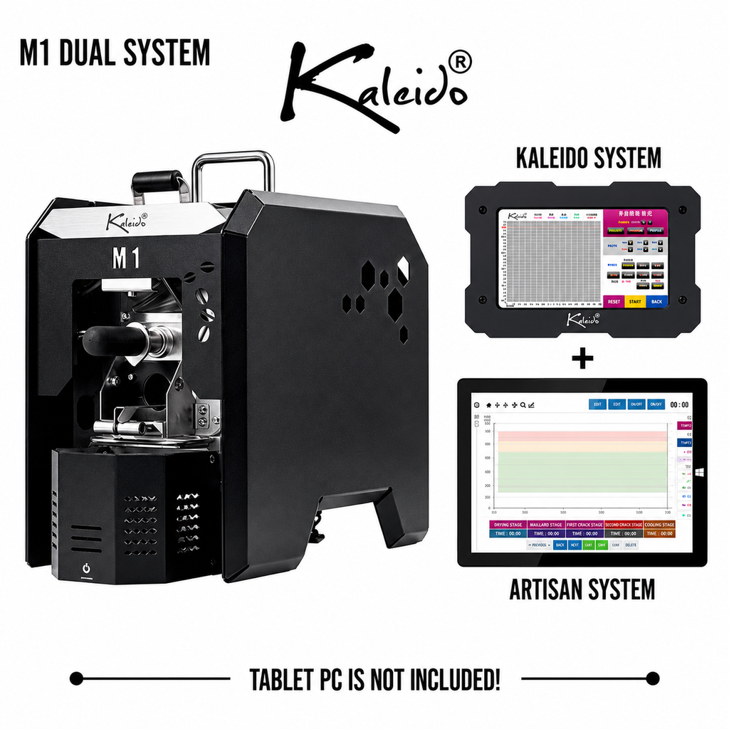 Kaleido M1 Dual System 200g Coffee Roaster from Cirelli Coffee, available in Gold, Black, Silver, and Blue, with Kaleido and Artisan compatibility, included Kaleido tablet, 50g to 200g roasting capacity, adjustable heat, fan and drum speed, infrared heating, USB and Bluetooth connection, chaff collection, and cooling fan.