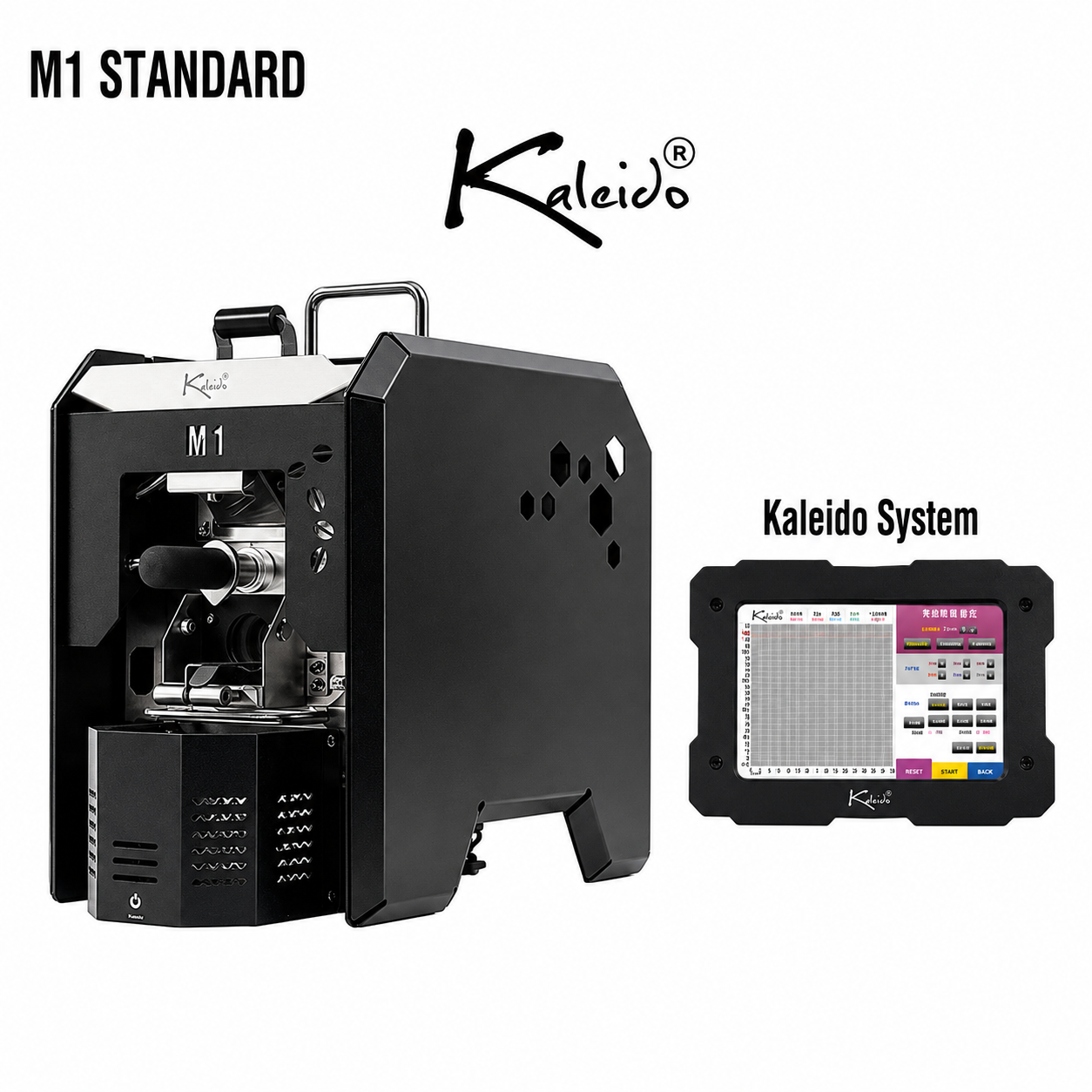 Kaleido M1 Standard 200g Coffee Roaster from Cirelli Coffee, available in Yellow, Black, White, and Blue, with Kaleido touchscreen control, 50g to 200g roasting capacity, 1000W heating, temperature profiling, automatic chaff collection, smoke extraction, fast cooling, and double safety protection.