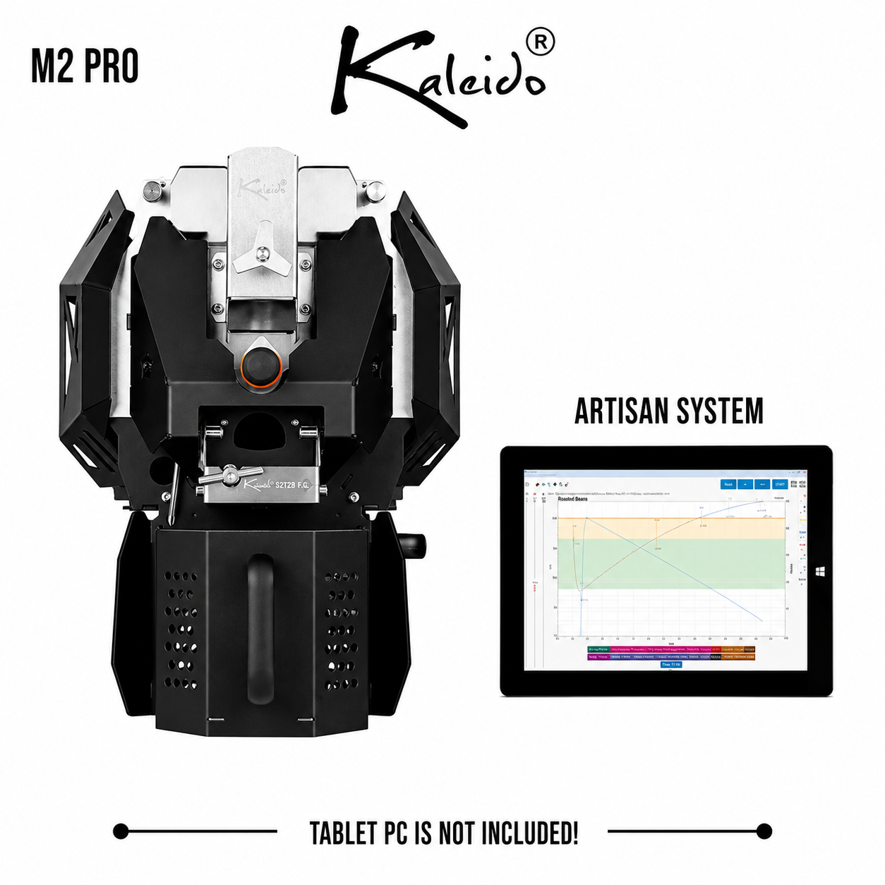 Kaleido M2 Pro 400g Coffee Roaster from Cirelli Coffee, available in Black, White, Stainless Steel, and Bronze, with Artisan compatibility, 50g to 400g roasting capacity, adjustable heat, fan and drum speed, infrared heating, USB and Bluetooth connection, automatic chaff collection, and cooling fan.
