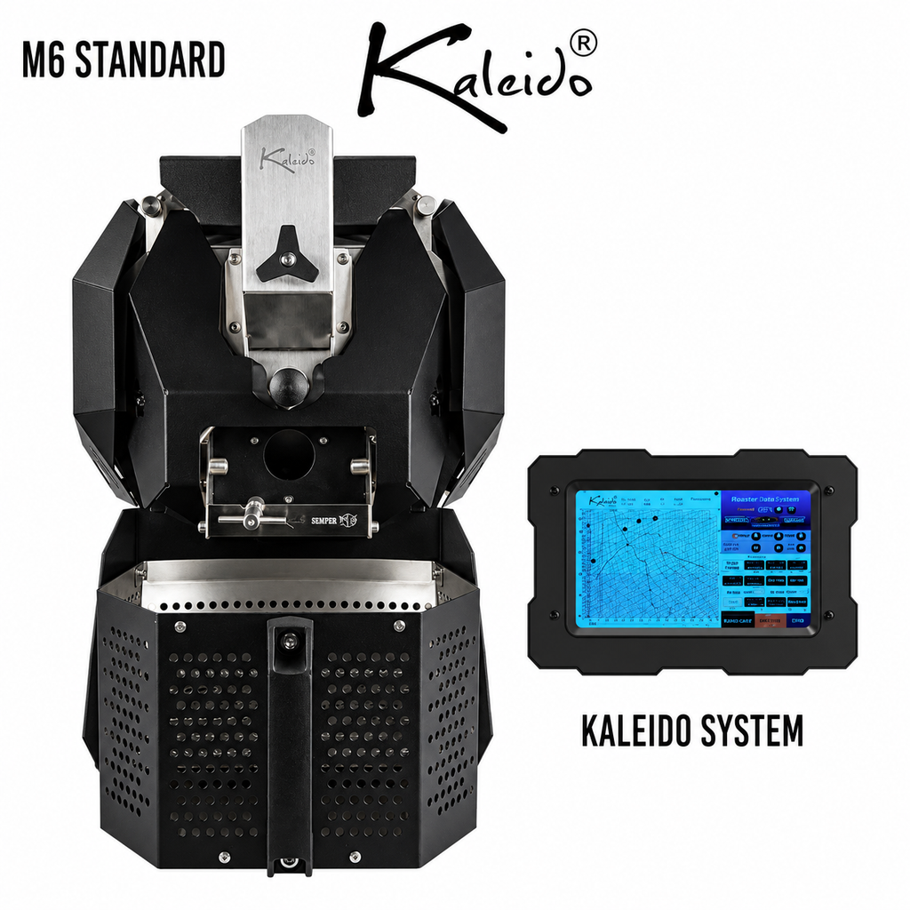 Kaleido M6 Standard 700g Coffee Roaster from Cirelli Coffee, available in Black, White, Stainless Steel, and Bronze, with Kaleido touchscreen control, 200g to 700g roasting capacity, adjustable heat, fan and drum speed, infrared heating, temperature probes, roast curve saving, automatic chaff collection, and cooling fan.
