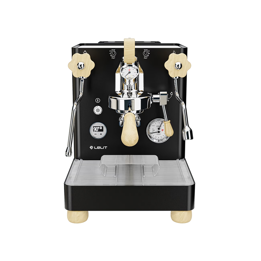 LELIT Bianca coffee machine from Cirelli Coffee, a premium dual boiler espresso machine with manual flow profiling paddle, L58E group head, LELIT Control Centre, movable water tank, anti-burn wands, and polished chrome, white, or black finishes.