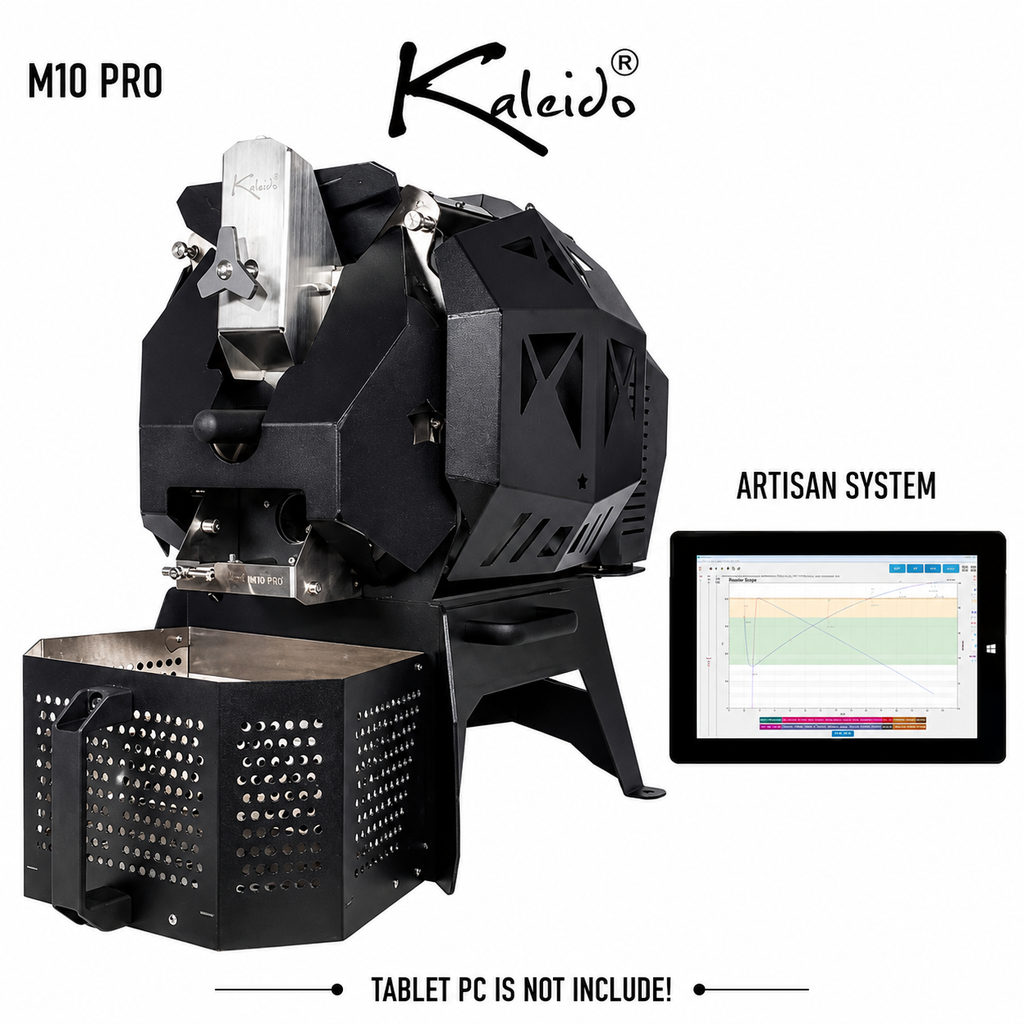 M10 Pro 1.2kg Coffee Roaster from Cirelli Coffee, available in Black, White, Stainless Steel, and Bronze, with Artisan compatibility, 300g to 1200g roasting capacity, adjustable heat, fan and drum speed, infrared heating, roast curve saving, automatic chaff collection, and cooling fan.