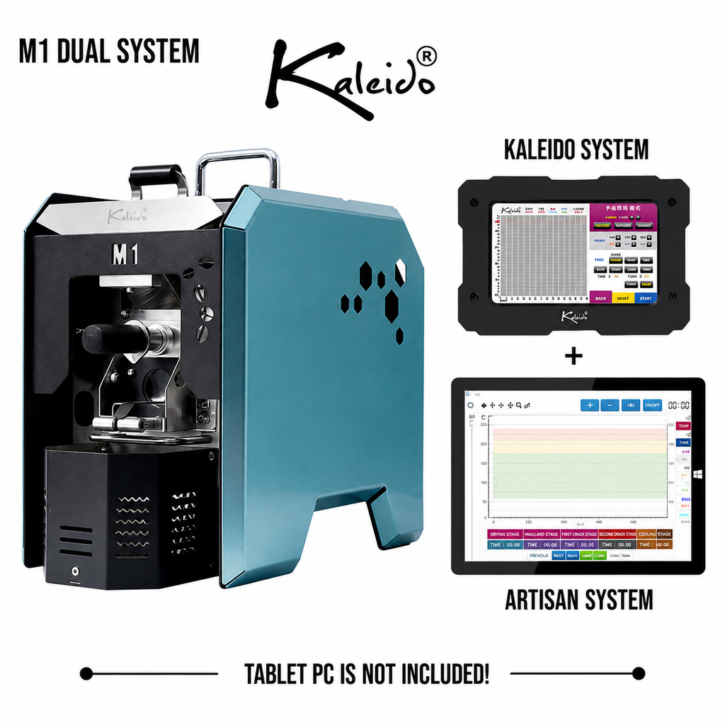 Kaleido M1 Dual System 200g Coffee Roaster from Cirelli Coffee, available in Gold, Black, Silver, and Blue, with Kaleido and Artisan compatibility, included Kaleido tablet, 50g to 200g roasting capacity, adjustable heat, fan and drum speed, infrared heating, USB and Bluetooth connection, chaff collection, and cooling fan.