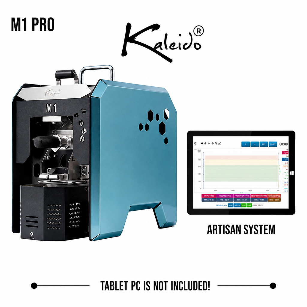 Kaleido M1 Pro 200g Coffee Roaster from Cirelli Coffee, available in Yellow, Black, White, and Blue, with Artisan compatibility, 50g to 200g roasting capacity, adjustable heat, fan and drum speed, infrared heating, USB and Bluetooth connection, automatic chaff collection, and cooling fan.
