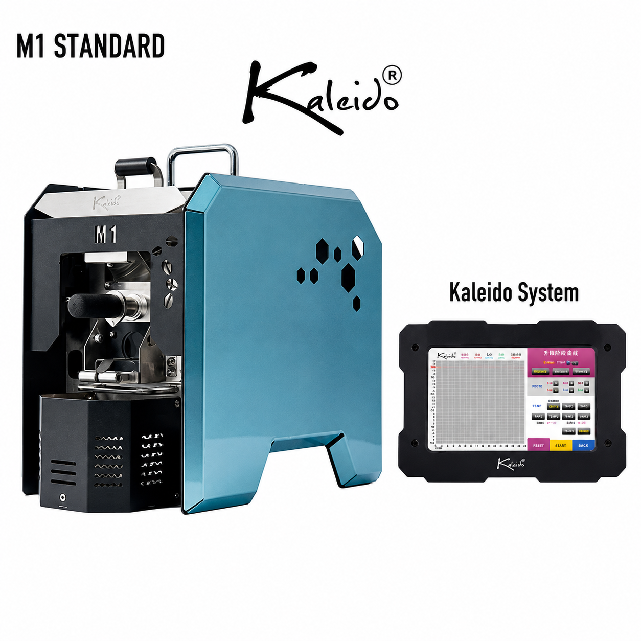 Kaleido M1 Standard 200g Coffee Roaster from Cirelli Coffee, available in Yellow, Black, White, and Blue, with Kaleido touchscreen control, 50g to 200g roasting capacity, 1000W heating, temperature profiling, automatic chaff collection, smoke extraction, fast cooling, and double safety protection.