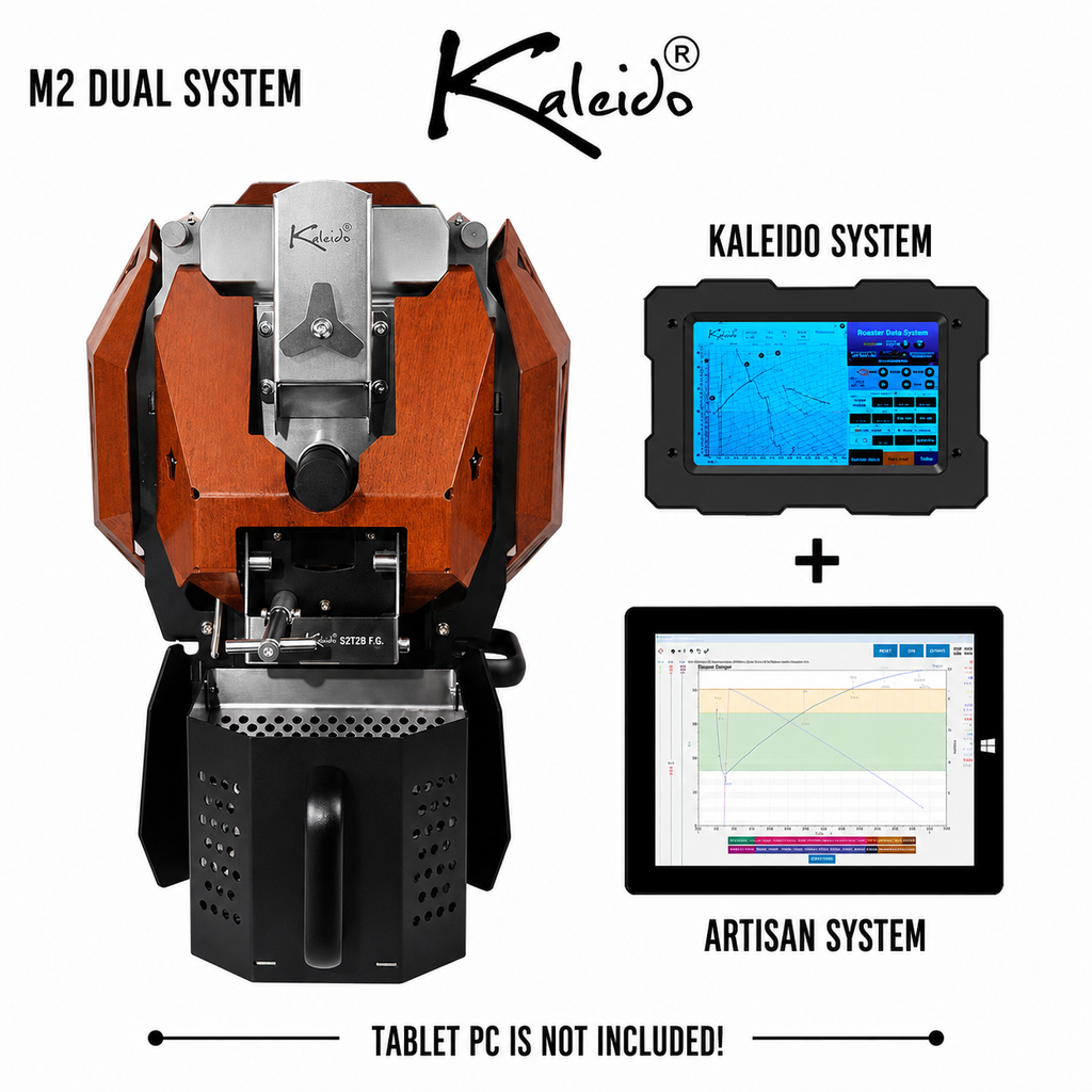 Kaleido M2 Dual System 400g Coffee Roaster from Cirelli Coffee, available in Black, White, Stainless Steel, and Bronze, with Kaleido and Artisan compatibility, included Kaleido tablet, 50g to 400g roasting capacity, adjustable heat, fan and drum speed, infrared heating, USB and Bluetooth connection, chaff collection, and cooling fan.