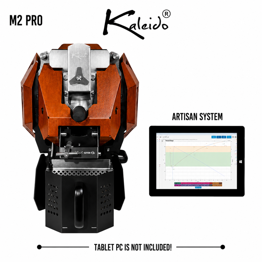 Kaleido M2 Pro 400g Coffee Roaster from Cirelli Coffee, available in Black, White, Stainless Steel, and Bronze, with Artisan compatibility, 50g to 400g roasting capacity, adjustable heat, fan and drum speed, infrared heating, USB and Bluetooth connection, automatic chaff collection, and cooling fan.