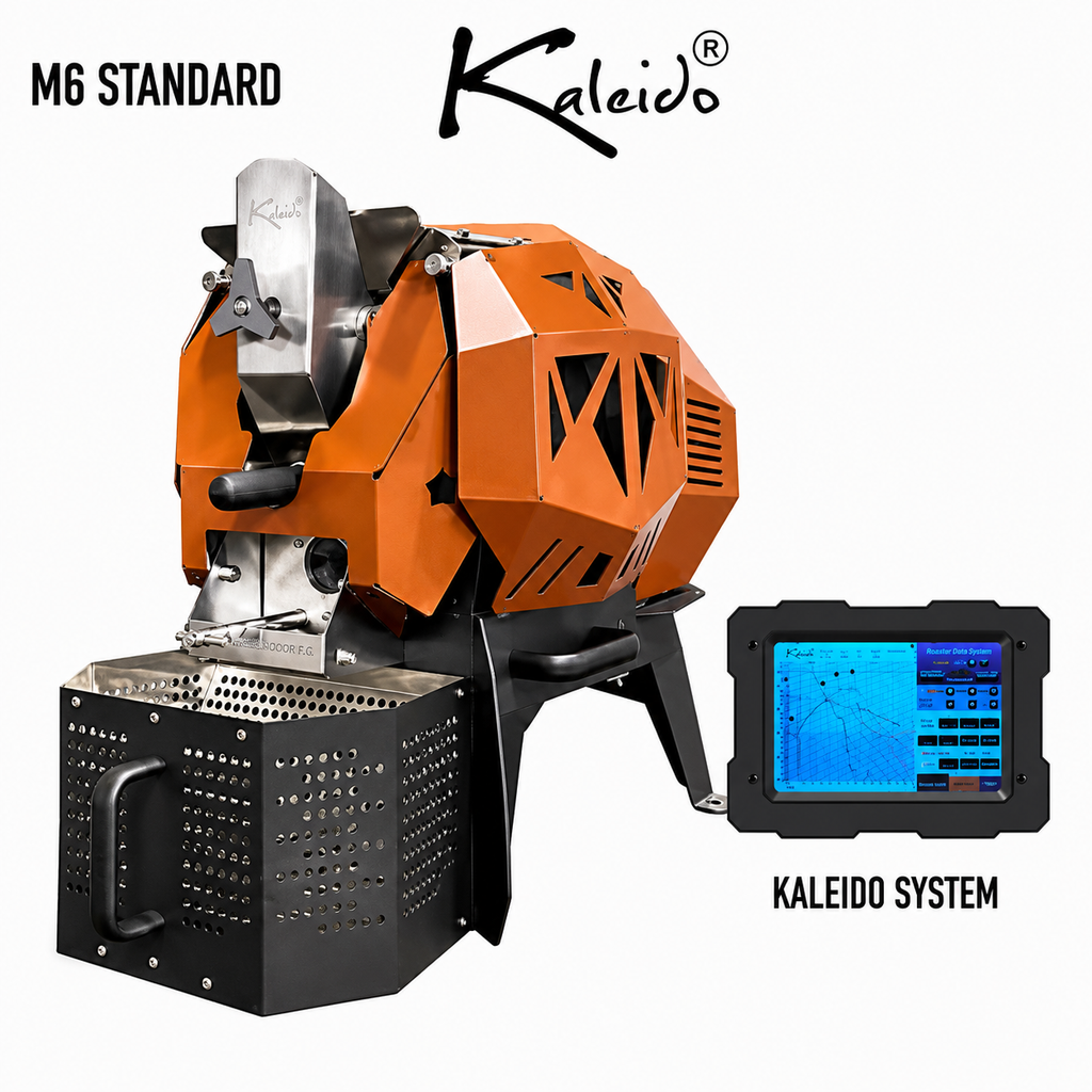 Kaleido M6 Standard 700g Coffee Roaster from Cirelli Coffee, available in Black, White, Stainless Steel, and Bronze, with Kaleido touchscreen control, 200g to 700g roasting capacity, adjustable heat, fan and drum speed, infrared heating, temperature probes, roast curve saving, automatic chaff collection, and cooling fan.