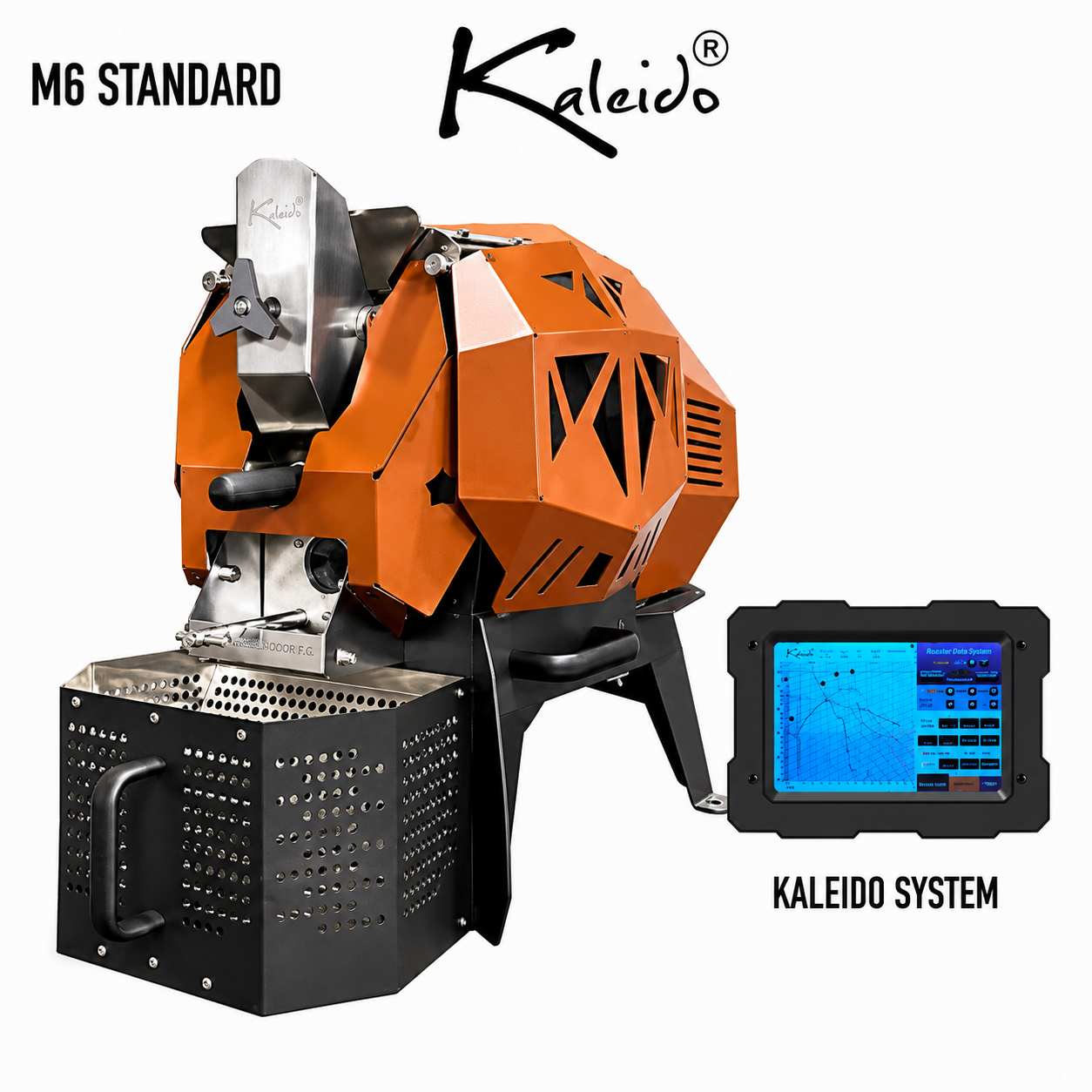 Kaleido M6 Standard 700g Coffee Roaster from Cirelli Coffee, available in Black, White, Stainless Steel, and Bronze, with Kaleido touchscreen control, 200g to 700g roasting capacity, adjustable heat, fan and drum speed, infrared heating, temperature probes, roast curve saving, automatic chaff collection, and cooling fan.