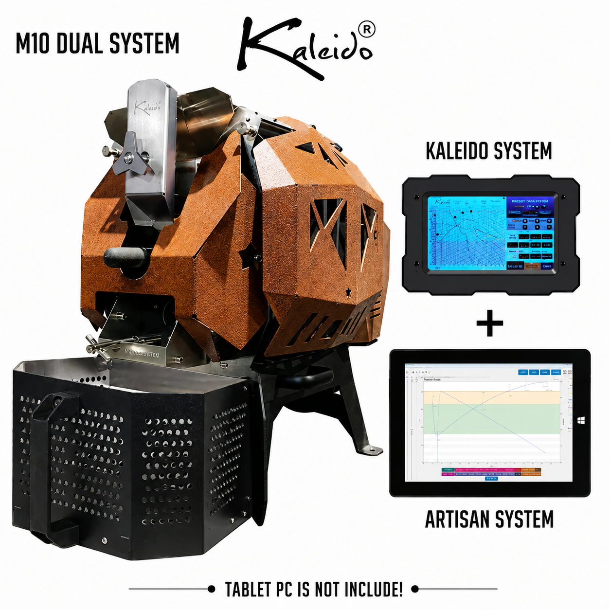 M10 Dual 1.2kg Coffee Roaster from Cirelli Coffee, available in Black, White, Stainless Steel, and Bronze, with Kaleido tablet, Artisan Bluetooth compatibility, 300g to 1200g roasting capacity, adjustable heat, fan and drum speed, infrared heating, roast curve saving, chaff collection, and automatic cooling fan.