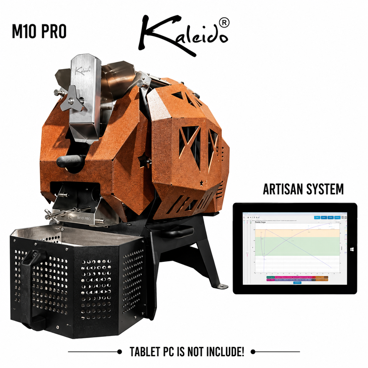 M10 Pro 1.2kg Coffee Roaster from Cirelli Coffee, available in Black, White, Stainless Steel, and Bronze, with Artisan compatibility, 300g to 1200g roasting capacity, adjustable heat, fan and drum speed, infrared heating, roast curve saving, automatic chaff collection, and cooling fan.