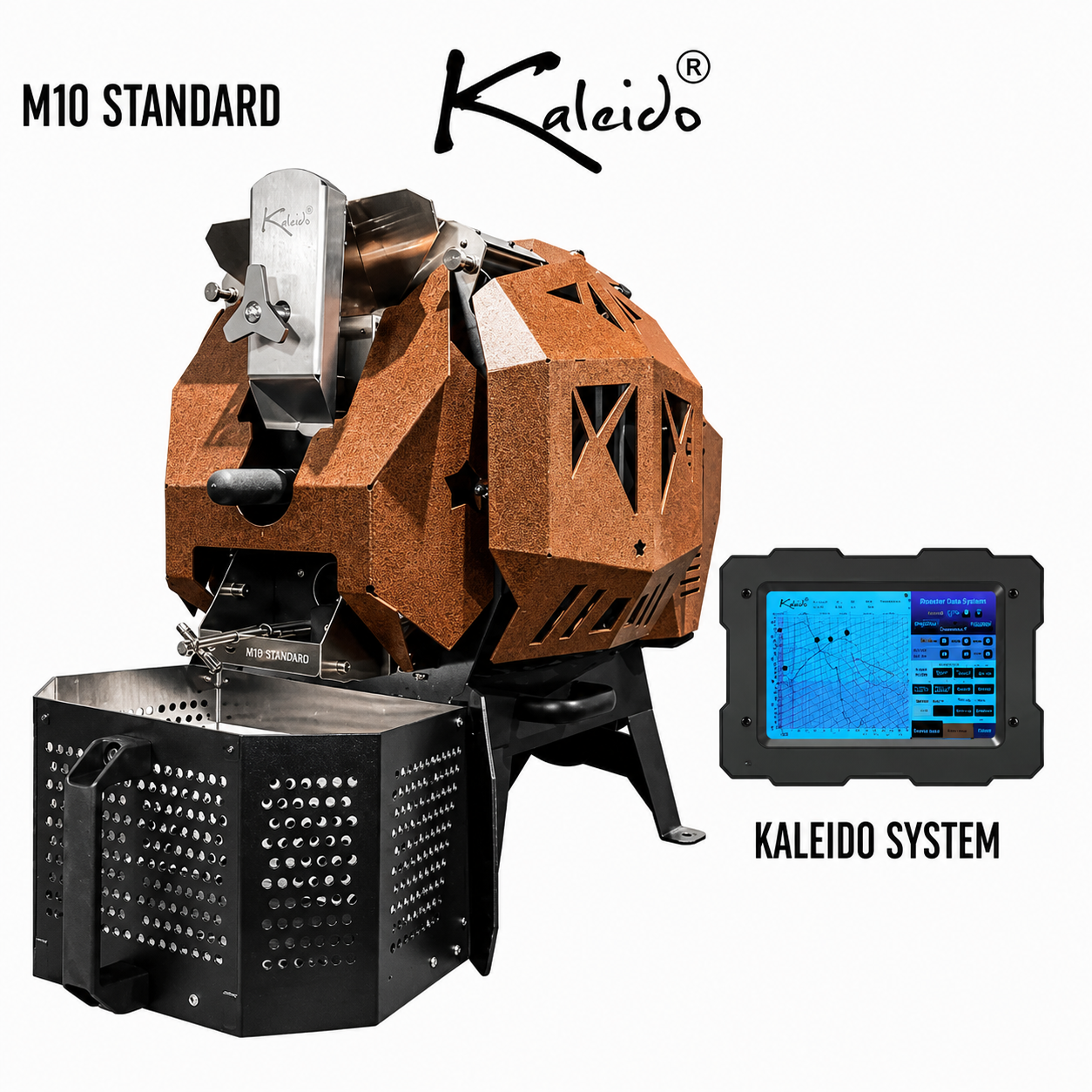 M10 Standard 1.2kg Coffee Roaster from Cirelli Coffee, available in Black, White, Stainless Steel, and Bronze, with Kaleido touchscreen control, 300g to 1200g roasting capacity, 2600W heating, temperature profiling, patented sampler, automatic chaff collection, smoke extraction, and rapid cooling.