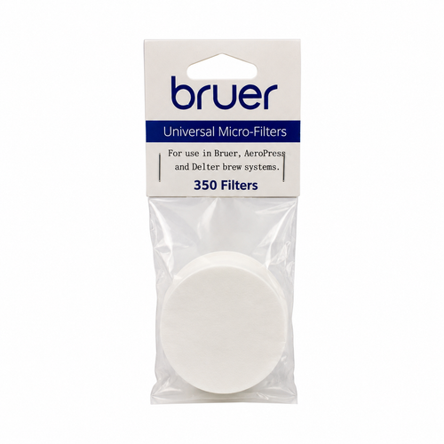 Bruer Universal Micro Filters 350 Pack from Cirelli Coffee, high-quality German manufactured paper filters for Bruer, AeroPress and Delter Press coffee makers designed to reduce grit and sediment for smooth clean coffee.