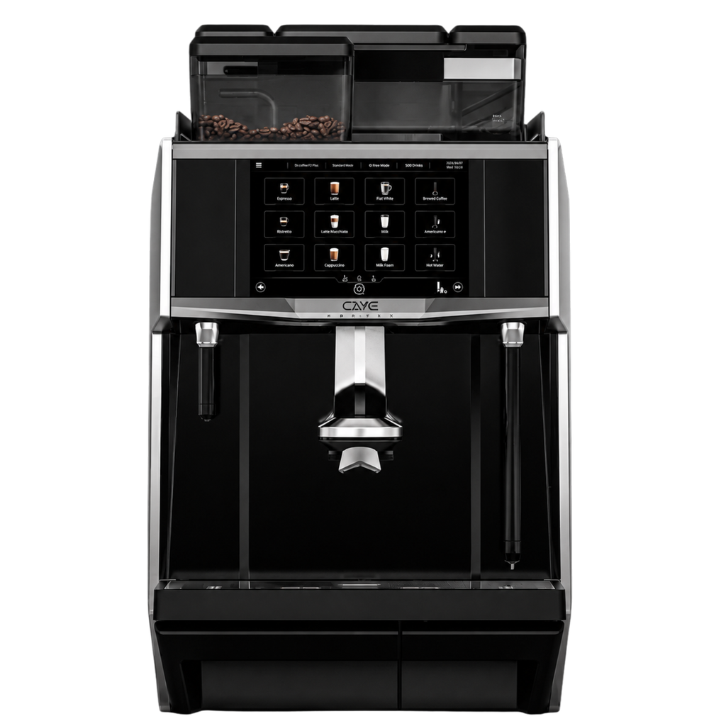 CAYE Smart X Coffee Machine from Cirelli Coffee, a commercial fully automatic coffee machine available by rental or lease enquiry with 10.1-inch touchscreen, Bionic Barista system, up to three grinders, dual milk delivery, auto-cleaning and high-volume coffee output.