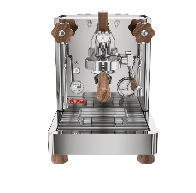 LELIT Bianca coffee machine from Cirelli Coffee, a premium dual boiler espresso machine with manual flow profiling paddle, L58E group head, LELIT Control Centre, movable water tank, anti-burn wands, and polished chrome, white, or black finishes.