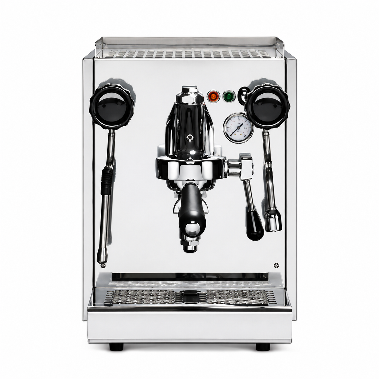 A professional espresso machine with a polished stainless steel body, featuring a central portafilter holder, two black steam wands, a pressure gauge, and a drip tray, shown against a plain white background.
