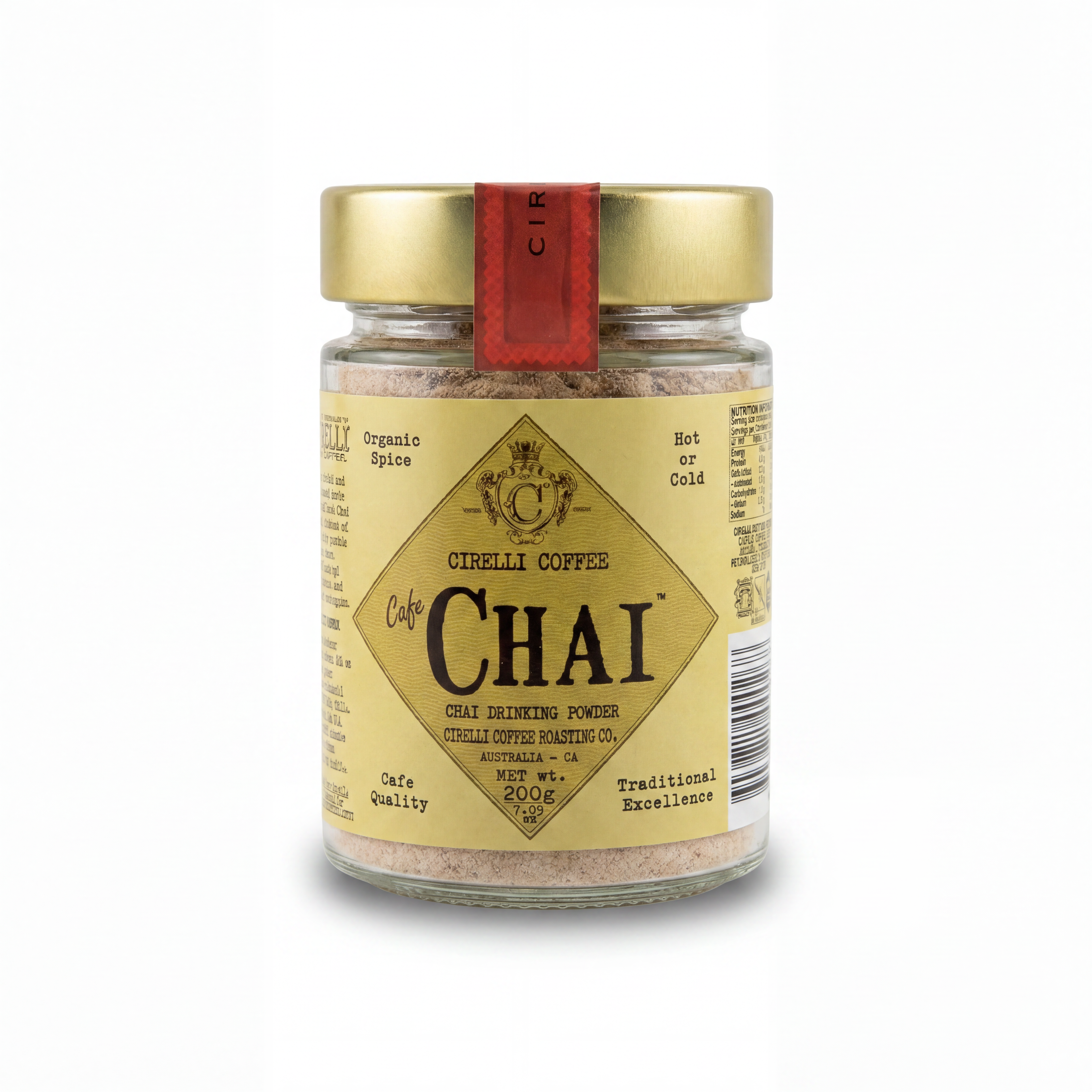Cirelli Cafe Chai Jar 200g from Cirelli Coffee, a rich warm chai drinking powder with aromatic spices and natural sweetness for chai lattes, dirty chai, iced chai, cafés, offices and home brewing.
