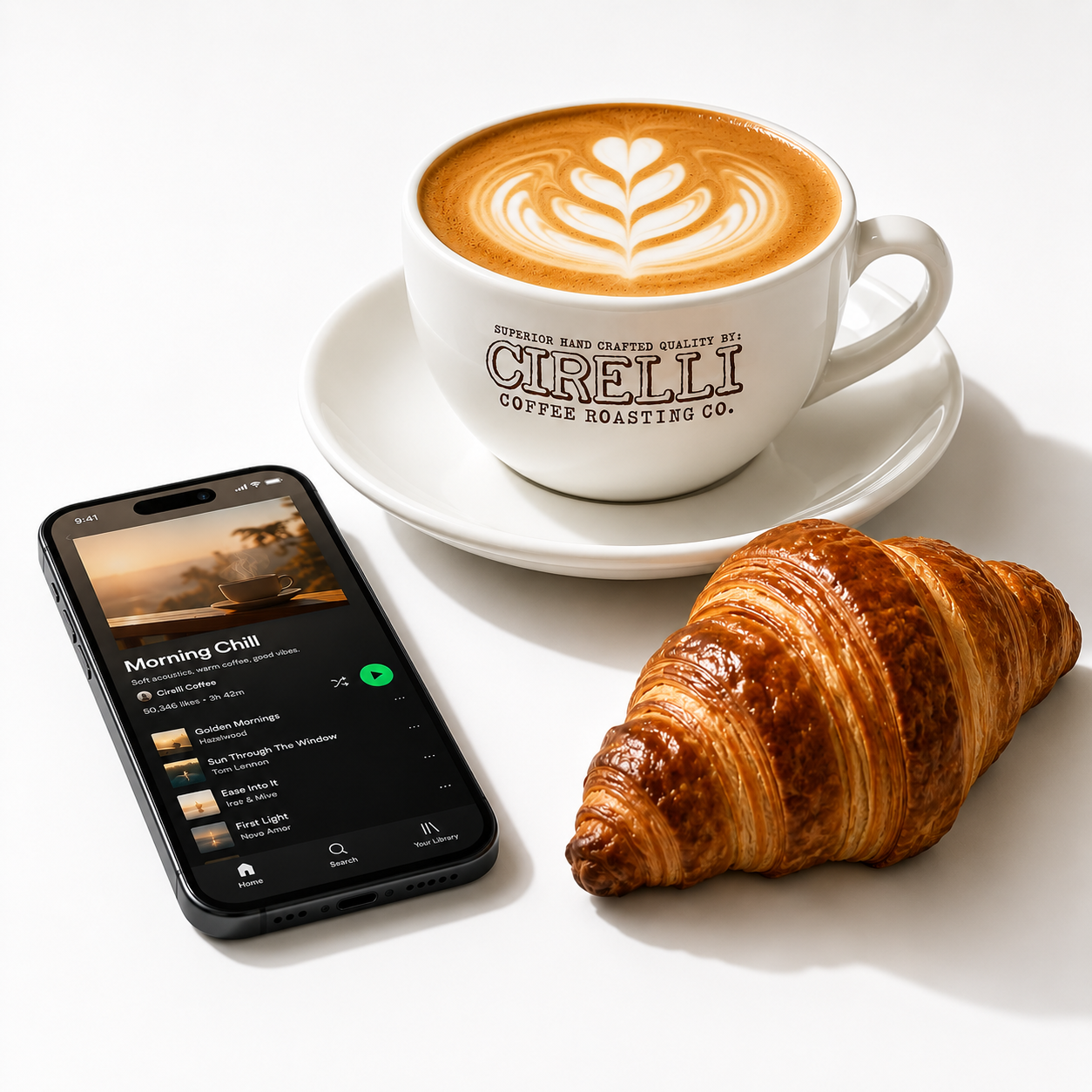 Cirelli Coffee branded white ceramic cup and saucer featuring the Cirelli Coffee Roasting Co. logo, ideal for espresso, piccolo, macchiato, gifting, and home coffee setups. Next to the ceramic cup that is filled with coffee late is a croissant and a mobile phone playing morning chill playlist.  