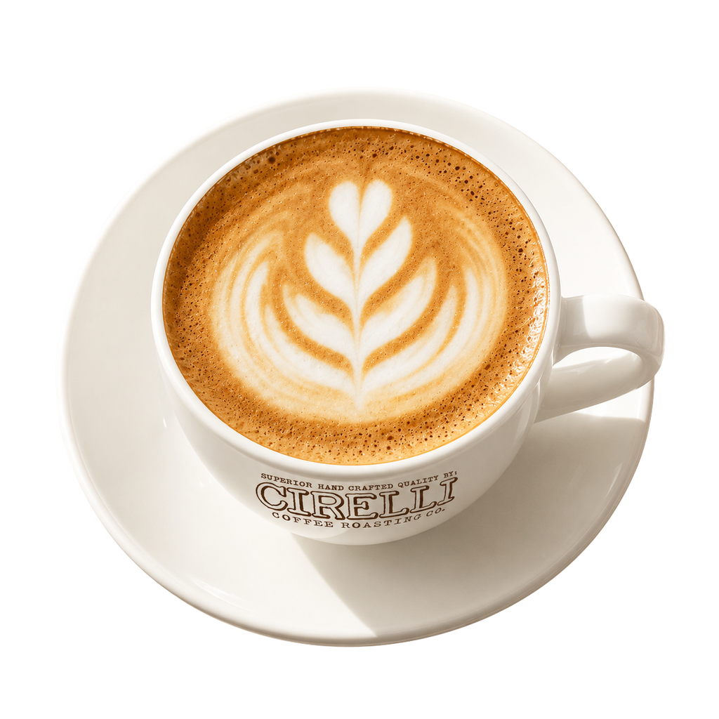 Cirelli Coffee branded white ceramic cup and saucer featuring the Cirelli Coffee Roasting Co. logo, ideal for espresso, piccolo, macchiato, gifting, and home coffee setups. The ceramic cup is filled with coffee latte
