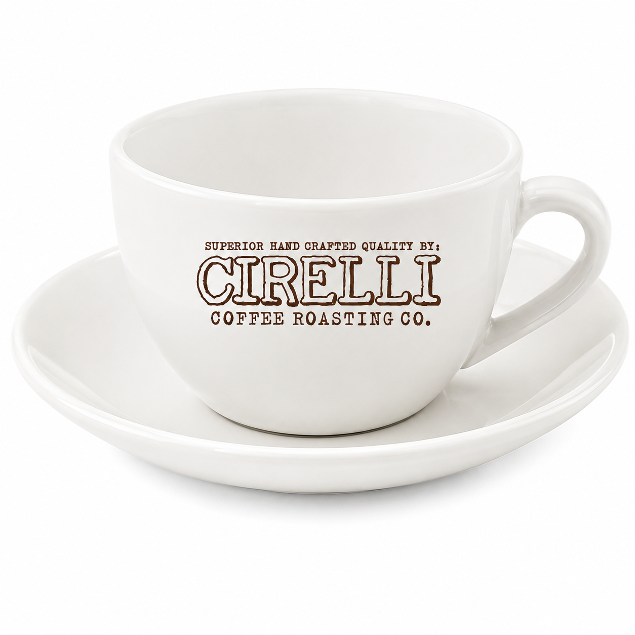 Cirelli Coffee branded white ceramic cup and saucer featuring the Cirelli Coffee Roasting Co. logo, ideal for espresso, piccolo, macchiato, gifting, and home coffee setups.