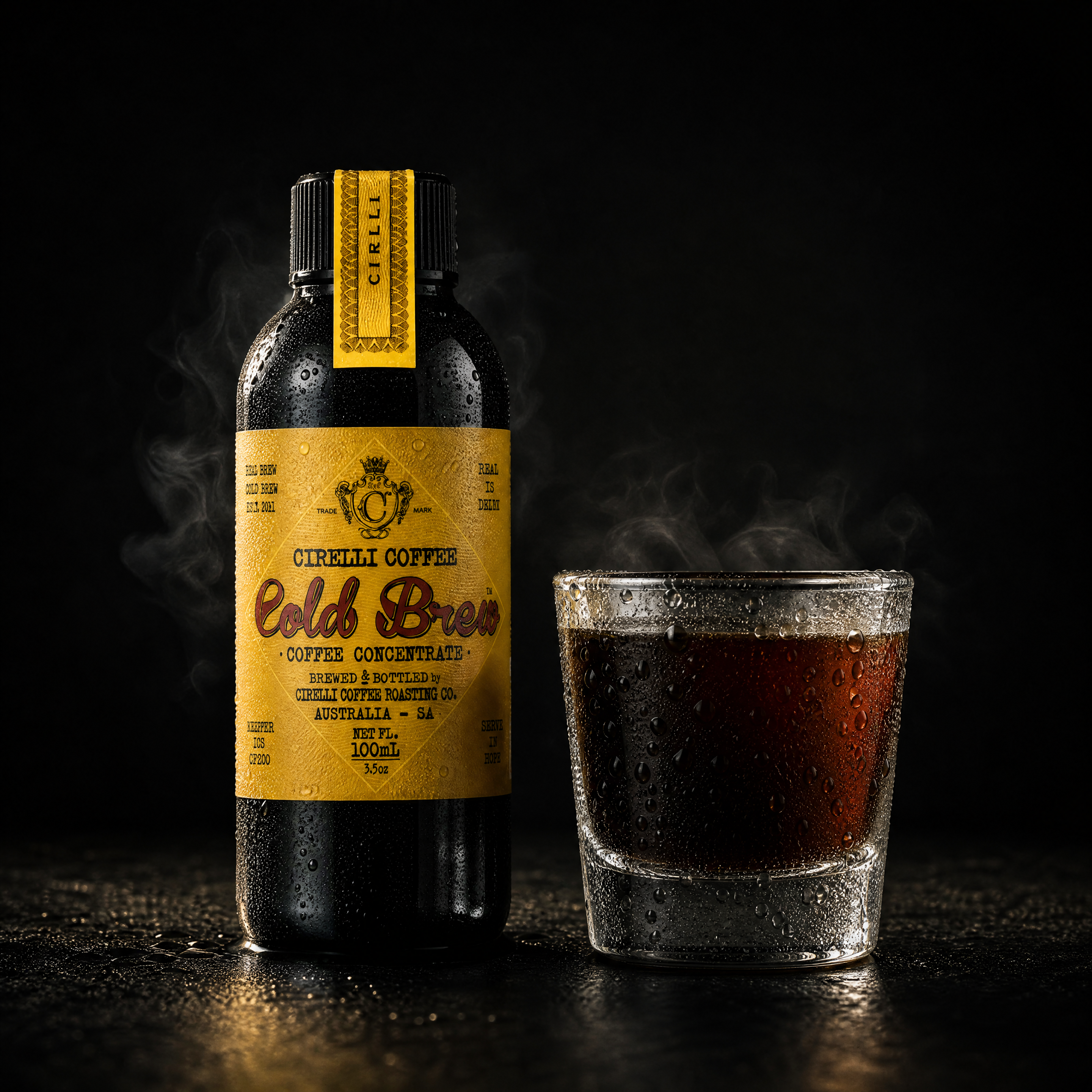 Cirelli Cold Brew Coffee in 100ml, 500ml, and 1L bottles, smooth slow-drip cold brew with bold flavour, natural sweetness, and low acidity.