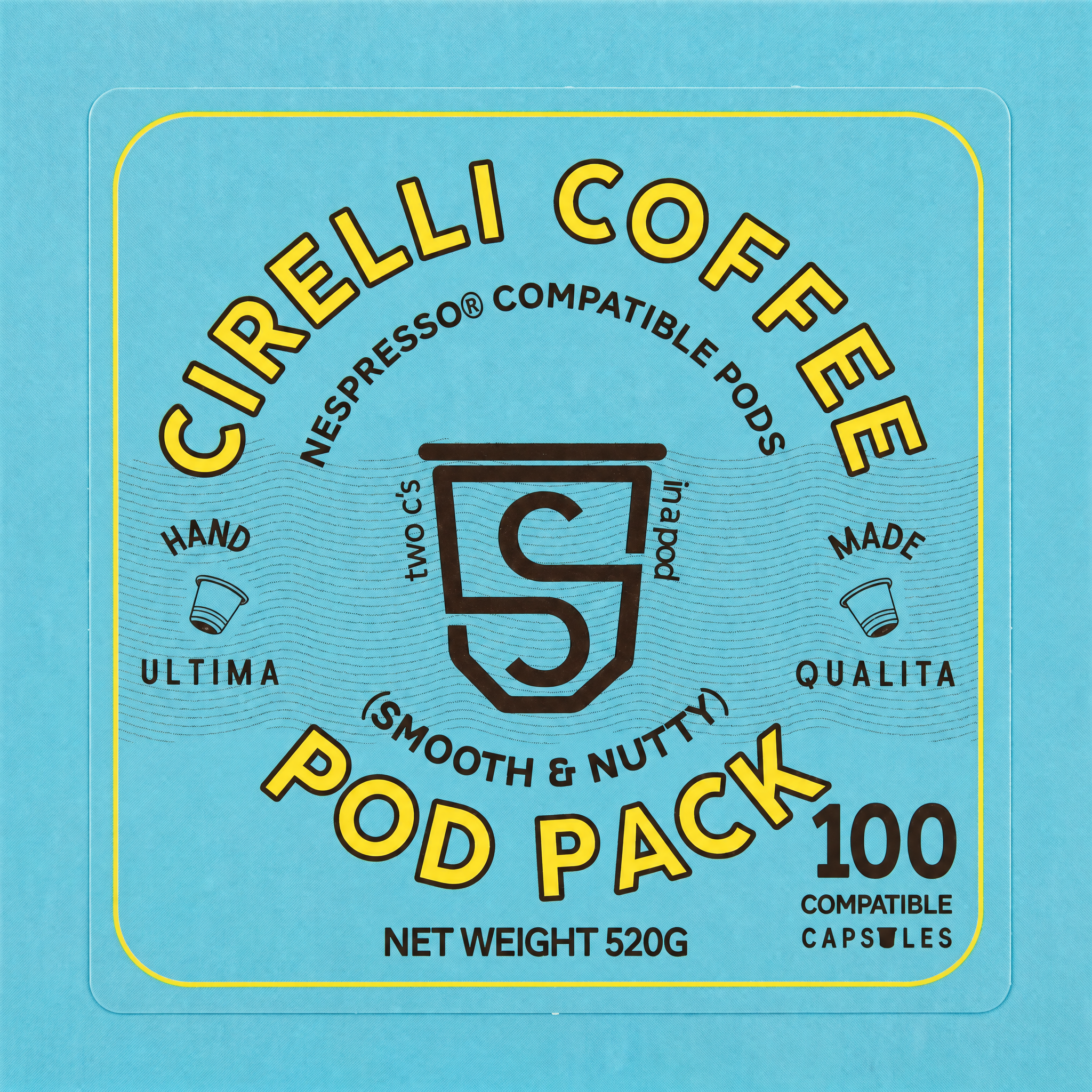 Cirelli Nespresso Compatible Coffee Pods 100 Pack with dark cacao, roasted nut flavour, creamy body, and smooth espresso crema.