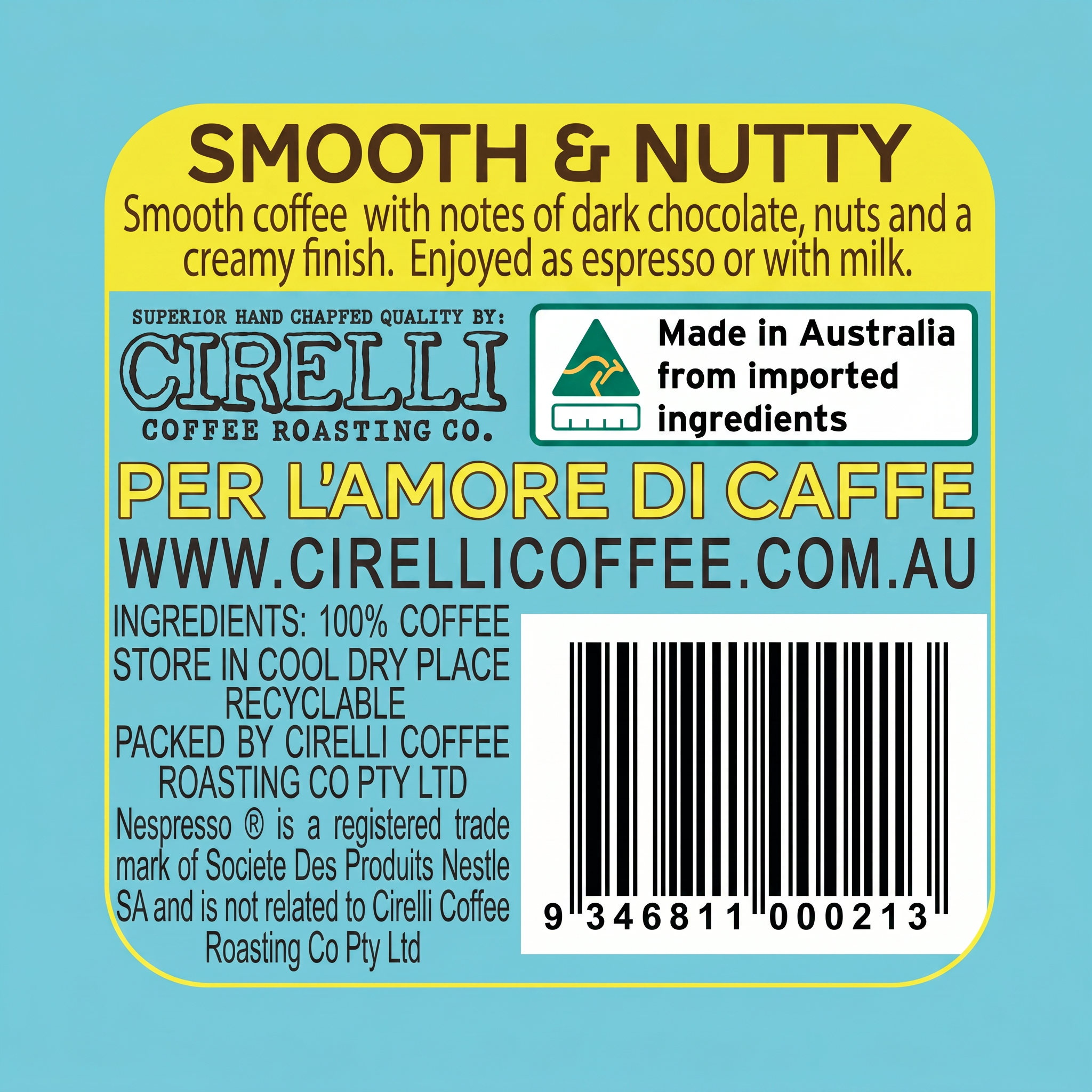 Back packaging of Cirelli Nespresso Compatible Coffee Pods showing product information, brewing guidance, and coffee pod packaging details.