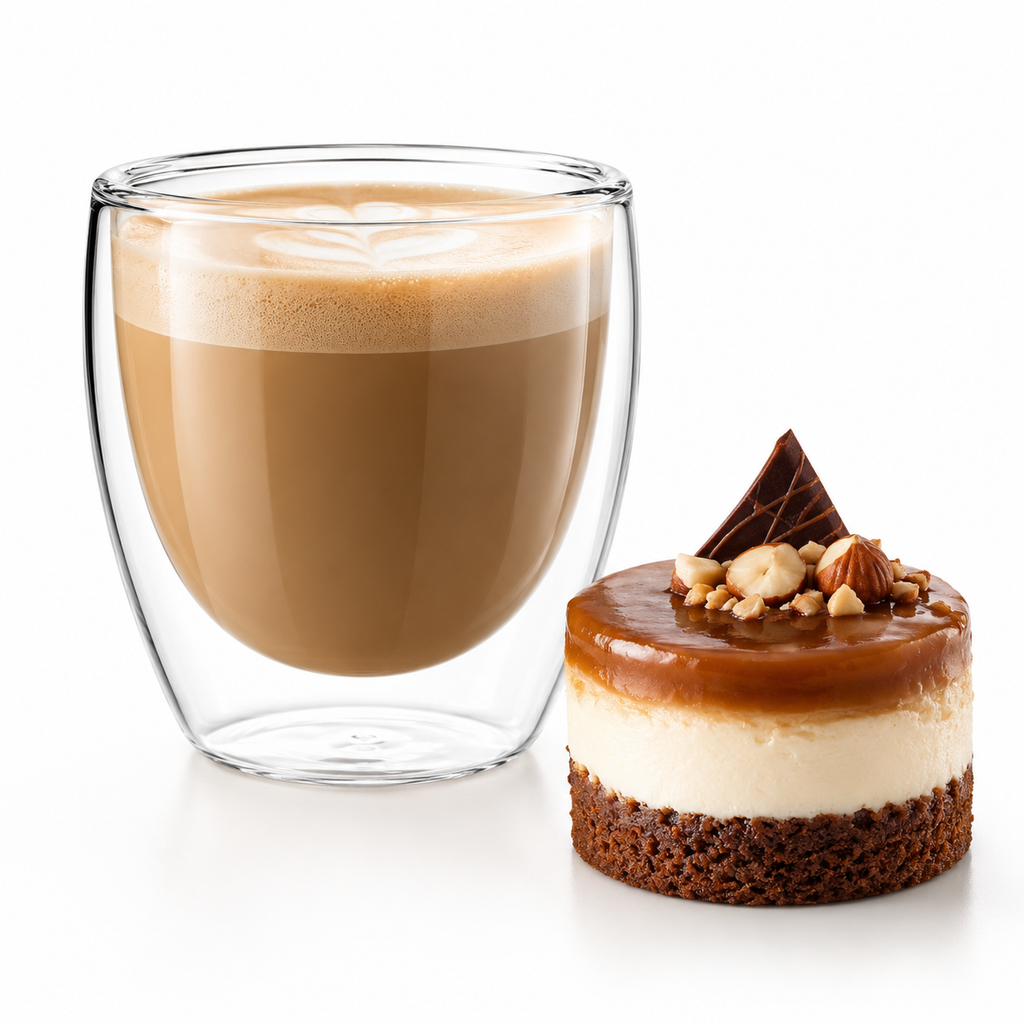 Classica Java Double Wall Glasses 6Pcs from Cirelli Coffee, a set of 100ml borosilicate thermal glasses for coffee, tea, hot drinks, cold drinks, espresso, piccolo, macchiato, and gifting. Chocolate Caramel Desert next to the glass.