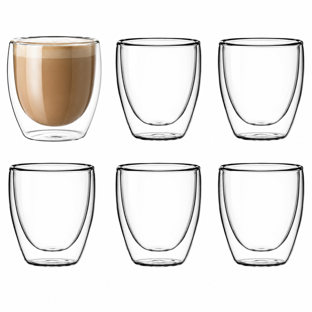 Six double-walled clear glass tumblers arranged in two rows of three on a white background, with one tumbler on the top left filled with a light brown beverage and foam.