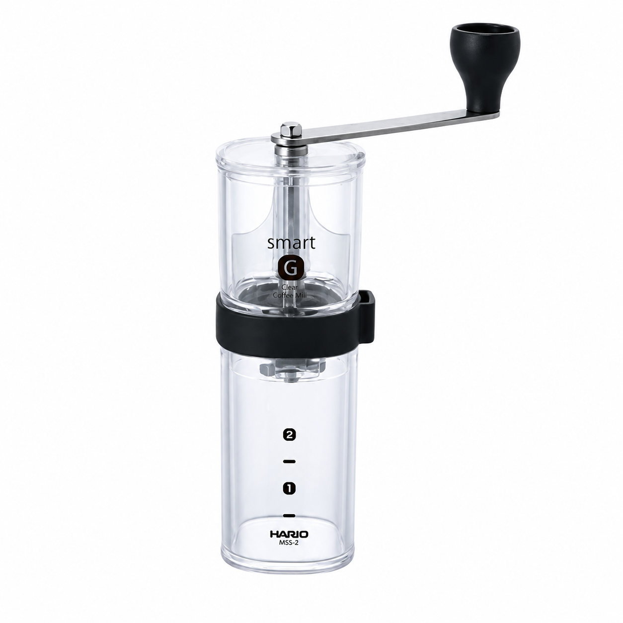 Hario Coffee Mill Smart G MSG-2-TB from Cirelli Coffee, a compact manual hand coffee grinder with BPA-free transparent black plastic body, ceramic conical burrs, adjustable grind settings and 24g coffee capacity for home, office, travel and filter coffee brewing.