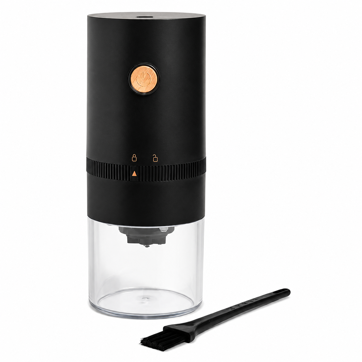 Coffee Culture USB Grinder from Cirelli Coffee, a rechargeable portable coffee grinder with ceramic burr, USB charging, cleaning brush, charging cable, 120g ground coffee container and up to 15 grinds per charge for travel, work and home brewing.