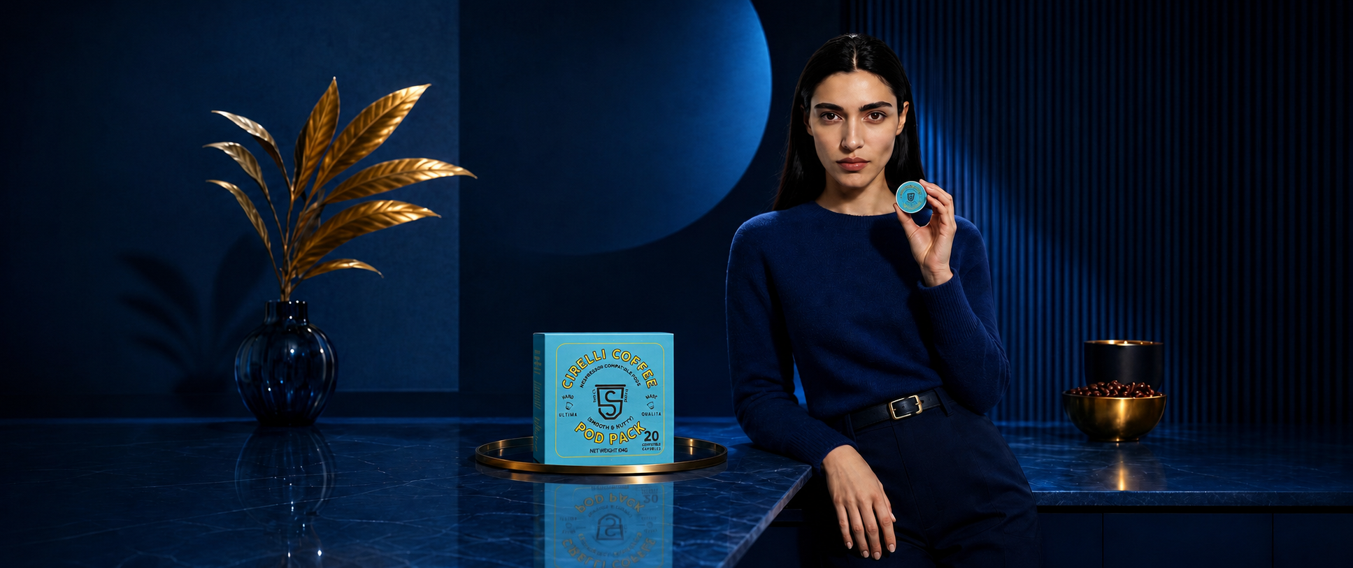 Coffee pods banner by Cirelli Coffee featuring Nespresso-compatible coffee pods for smooth espresso, cappuccino, latte, and convenient café-style coffee at home.