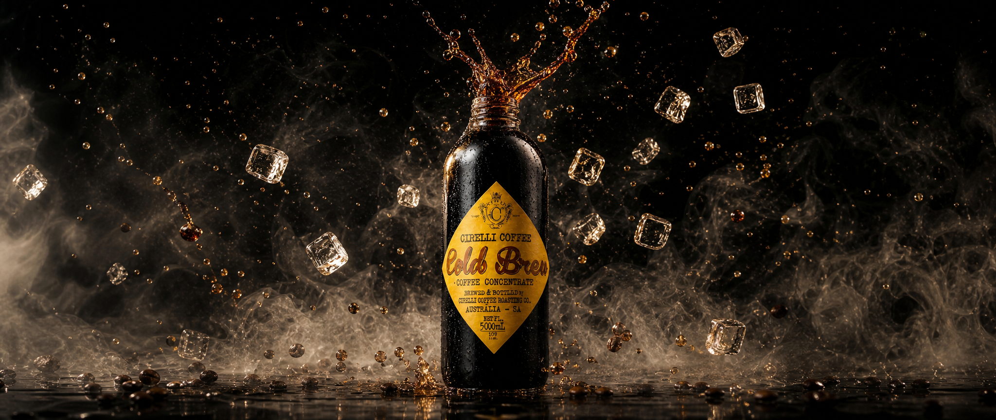 Wide cold brew banner by Cirelli Coffee featuring refreshing ready-to-drink cold brew coffee with bold flavour, natural sweetness, smooth body, and low acidity.