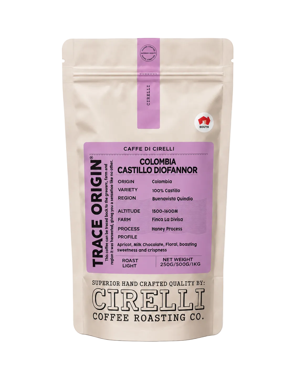 Colombia Castillo Diofannor specialty coffee by Cirelli Coffee, a light roast 100% Castillo coffee from Buenavista, Quindío with apricot, milk chocolate, floral notes, honey-process sweetness, and a crisp finish.