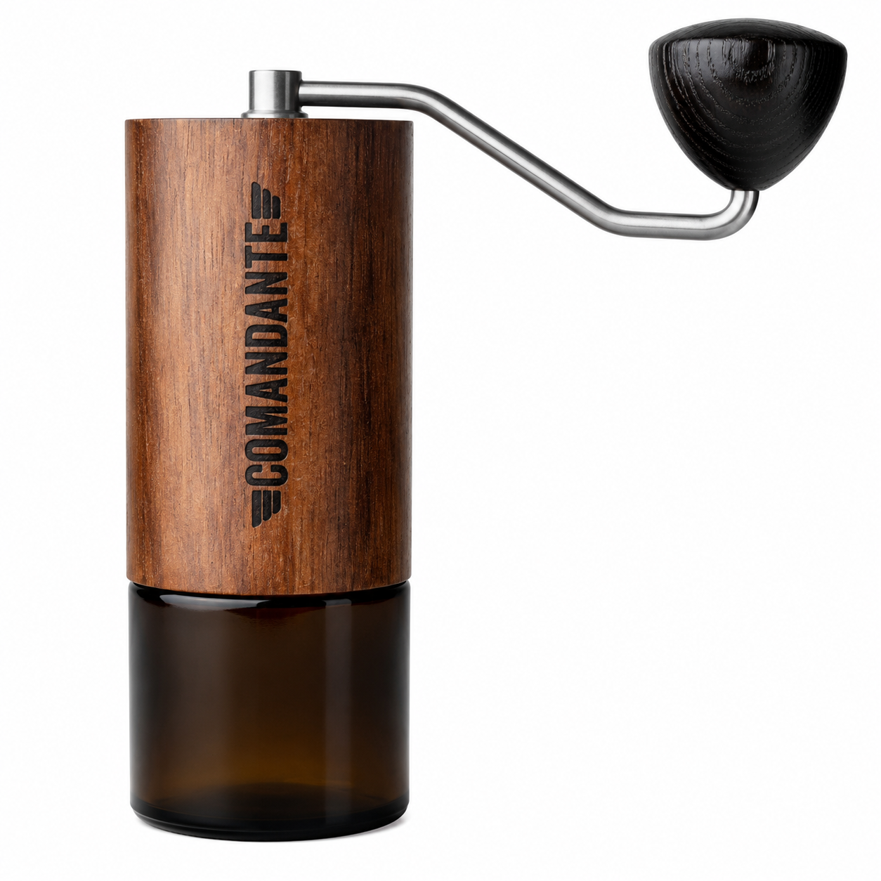 Comandante C40 Amber Grinder from Cirelli Coffee, a premium manual coffee grinder with NITRO BLADE heptagonal conical burrs, stainless steel construction, amber wood veneer finish and adjustable grind settings for espresso, pour over, AeroPress, French press, cold brew and specialty coffee brewing.