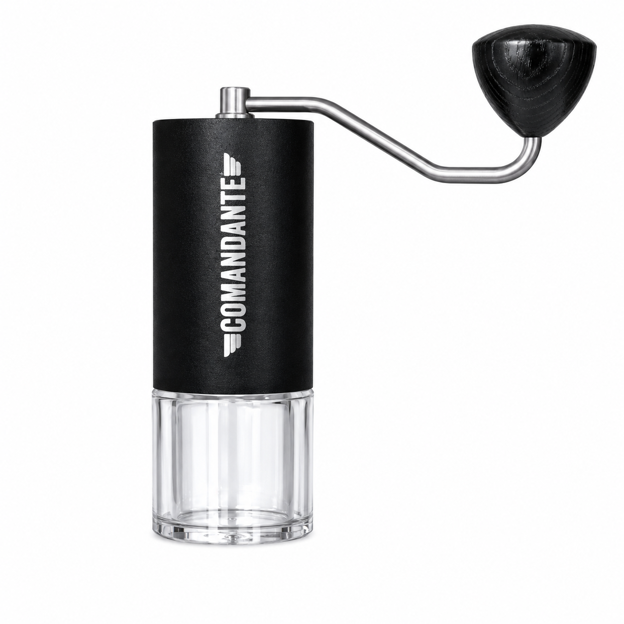 Comandante C40 Black Grinder from Cirelli Coffee, a premium manual coffee grinder with NITRO BLADE heptagonal conical burrs, stainless steel construction, sleek black finish and adjustable grind settings for espresso, pour over, AeroPress, French press, cold brew and specialty coffee brewing.