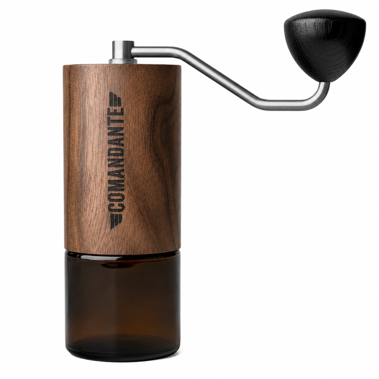 Comandante C40 Walnut Grinder from Cirelli Coffee, a premium manual coffee grinder with NITRO BLADE heptagonal conical burrs, stainless steel construction, walnut wood veneer finish and adjustable grind settings for espresso, pour over, AeroPress, French press, cold brew and specialty coffee brewing.