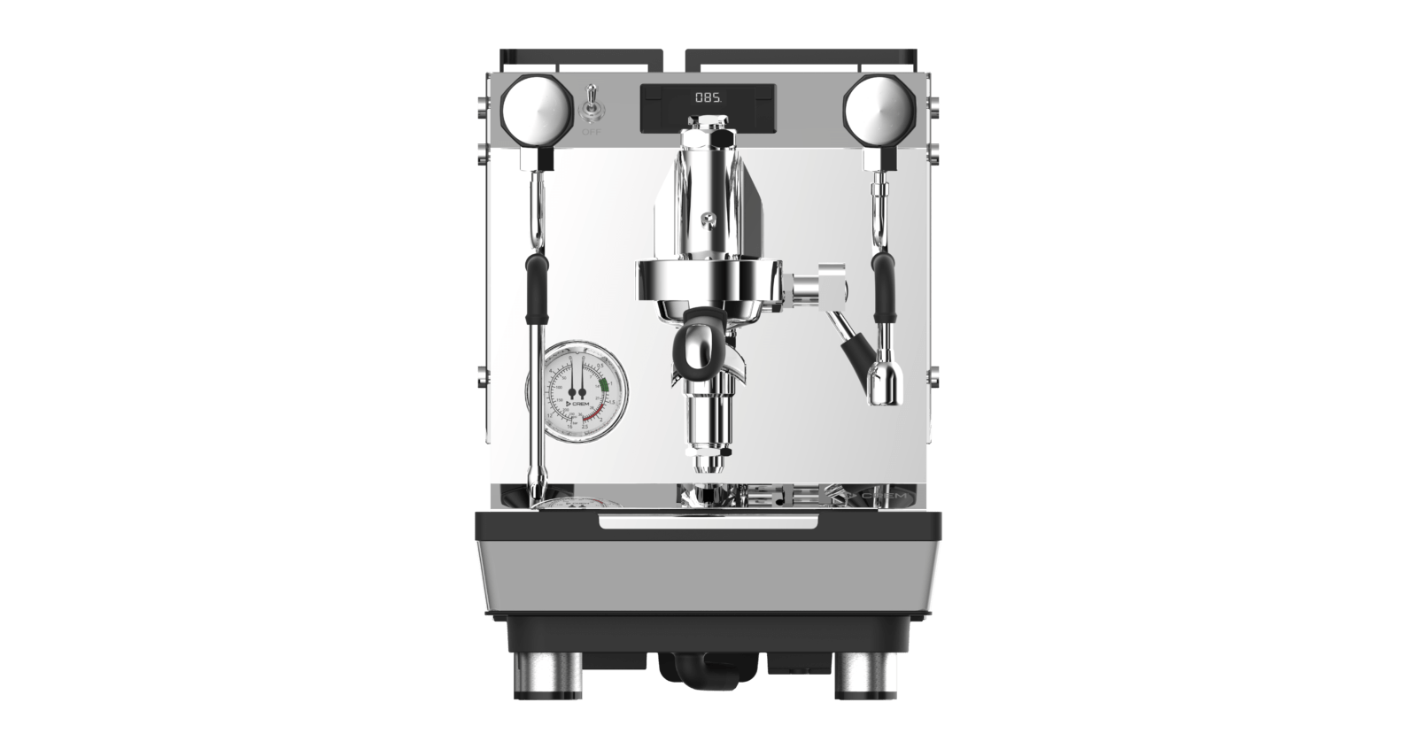 Crem ONE Dual Boiler RP Pressure Profile PID coffee machine from Cirelli Coffee, a professional one group espresso machine with dual boiler PID, rotary pump, E61 group head, Gradual Soft Pre-Infusion, Low Flow Pressure Profiling, OLED display, and modern design.