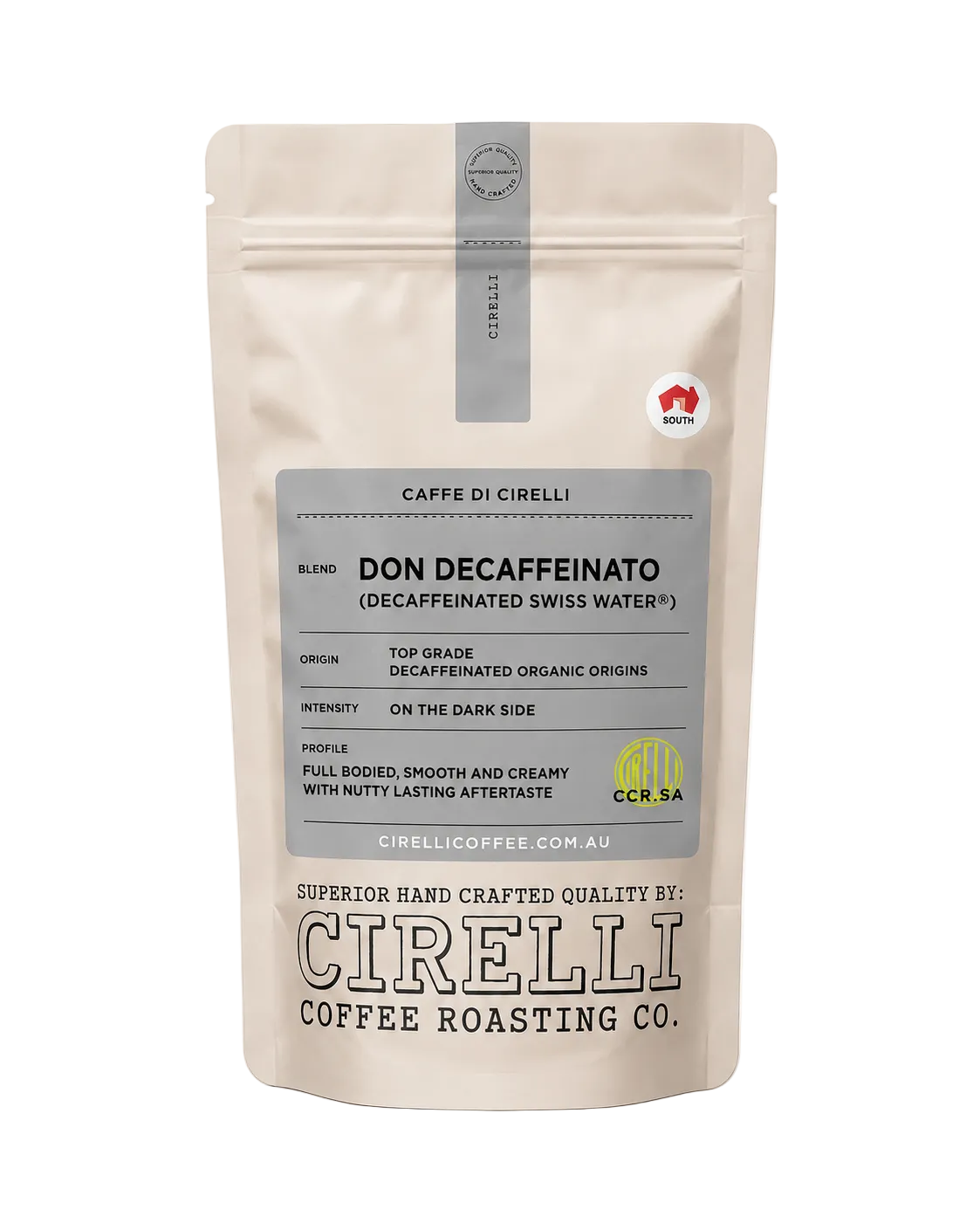 Don Decaffeinato Organic Coffee by Cirelli Coffee, a smooth full-bodied Swiss Water decaf with toffee, butterscotch, cacao, and creamy body for espresso, milk coffee, long black, plunger, and filter brewing.