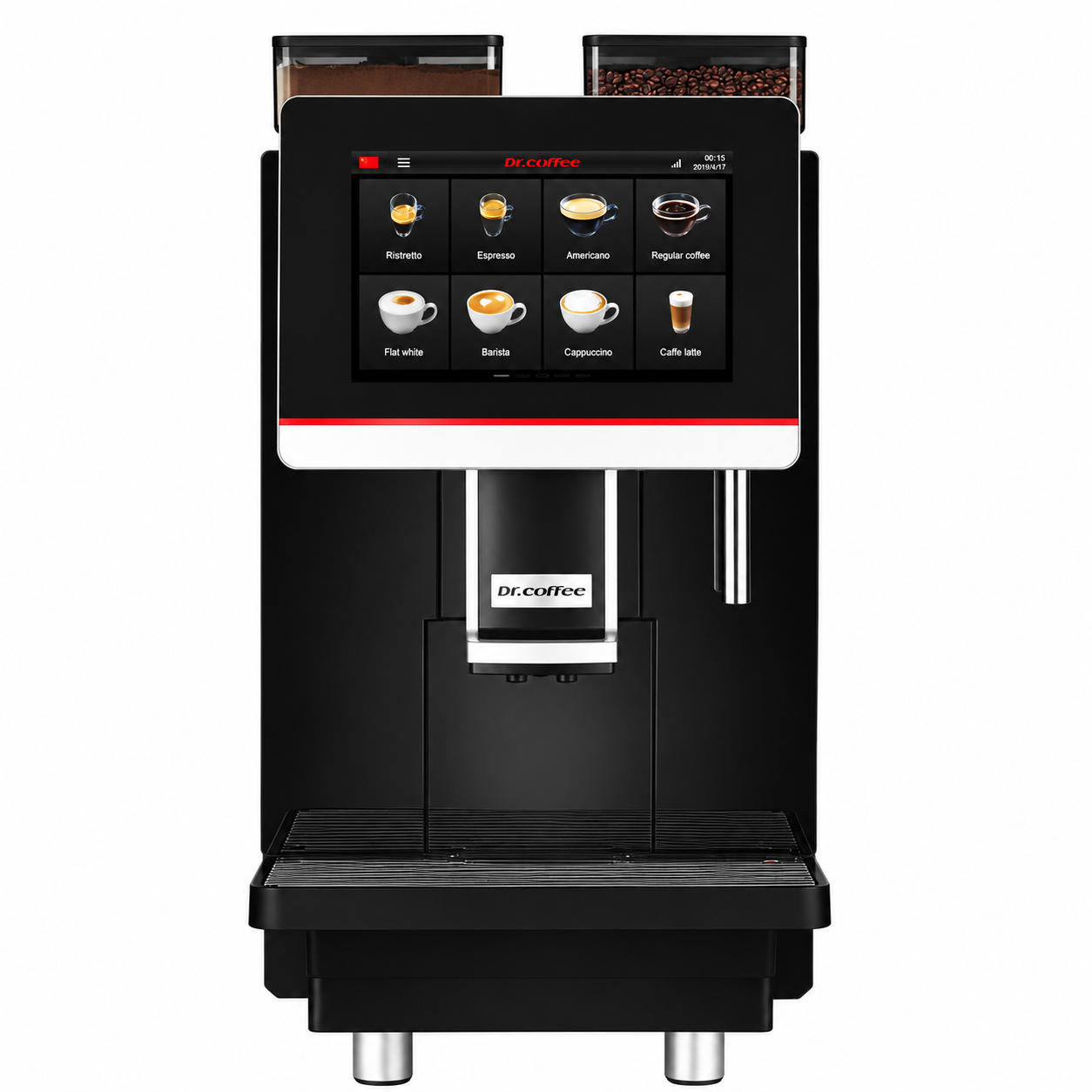 Dr Coffee Coffee Bar Automatic Office Coffee Machine from Cirelli Coffee, featuring a 10.1-inch touch screen, ceramic grinder, integrated milk system, automatic cleaning, 1.2kg bean hopper, powder hopper, 4L tank or mains water connection, and compact commercial design for offices and stores.