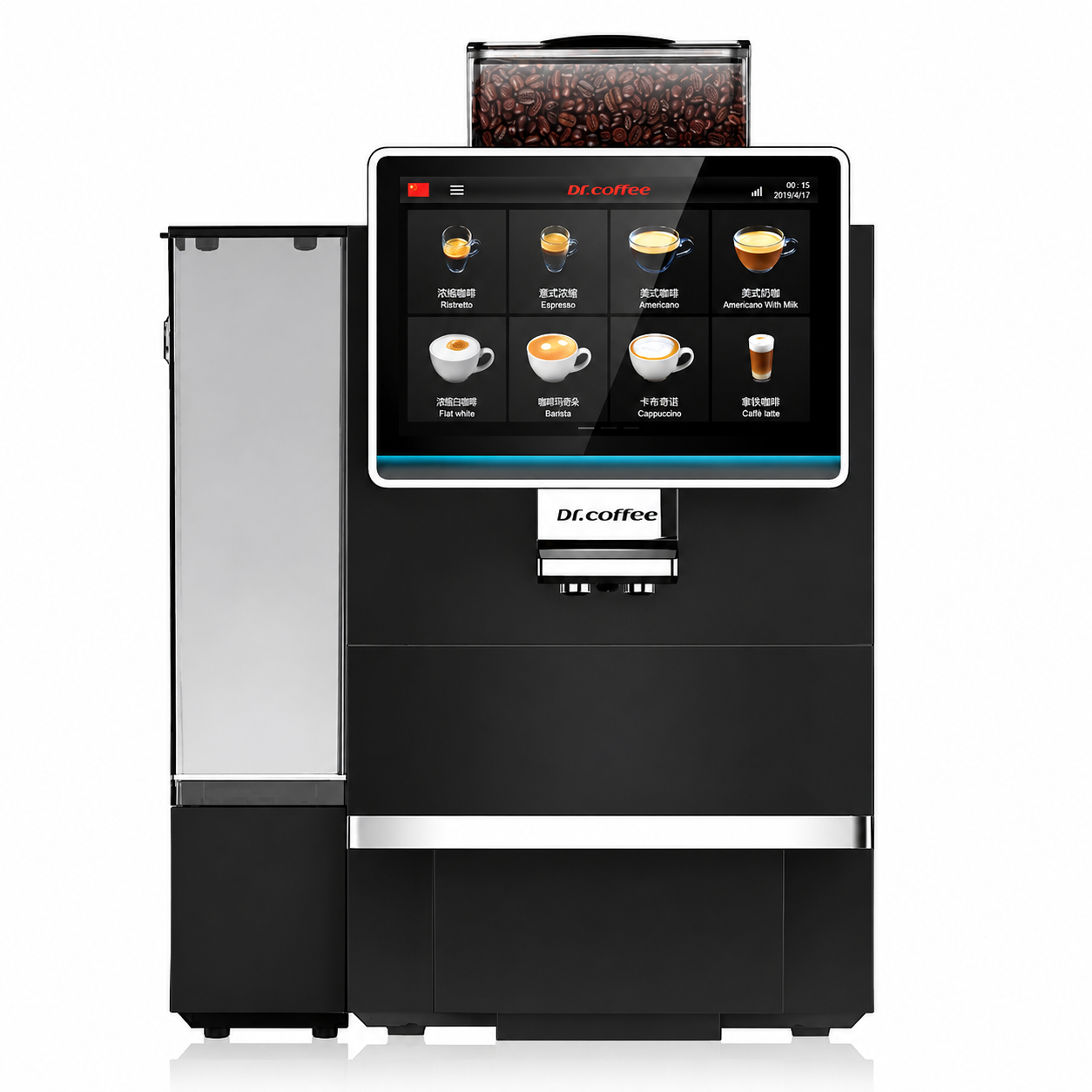 Dr Coffee Coffee Break Automatic Office Coffee Machine from Cirelli Coffee, featuring a 10.1-inch touch screen, 30 drink options, integrated milk line, ceramic grinder, Smart Clean technology, 8L water tank, and up to 100 cups per day output.