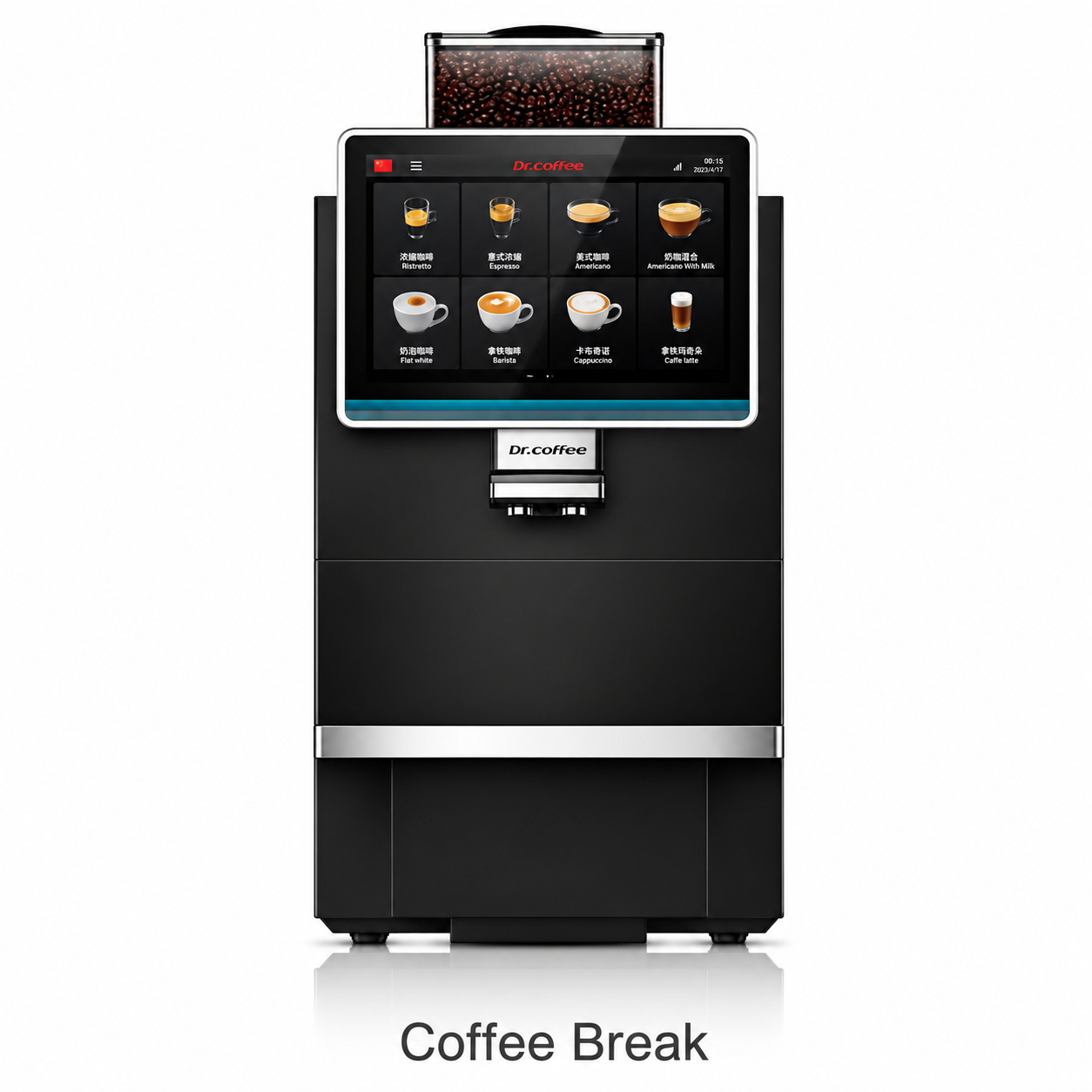 Dr Coffee Coffee Break Plus Automatic Office Coffee Machine from Cirelli Coffee, featuring a 10.1-inch touchscreen, ceramic grinder, one-touch milk coffee, Smart Clean technology, integrated milk line, 1.2kg bean hopper, 2L tank or mains water connection, and up to 100 cups per day output.