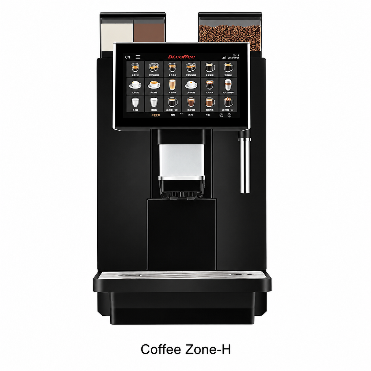 Dr Coffee Coffee Zone H Automatic Office Coffee Machine from Cirelli Coffee, featuring a 10.1-inch touch screen, 200-cup daily output, coffee hopper, two powder hoppers, hot water outlet, SC12 milk fridge compatibility, automatic cleaning, 4L tank or mains water connection, and commercial office performance.