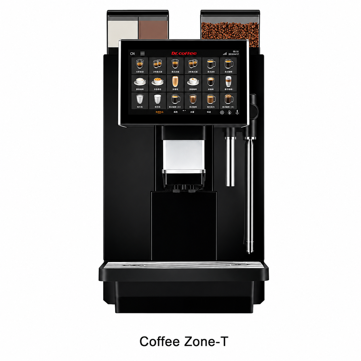 Dr Coffee Coffee Zone T Automatic Office Coffee Machine from Cirelli Coffee, featuring a 10.1-inch touch screen, 200-cup daily output, coffee hopper, two powder hoppers, hot water wand, independent steam wand, SC12 milk fridge compatibility, automatic cleaning, 4L tank or mains water connection, and commercial office performance.
