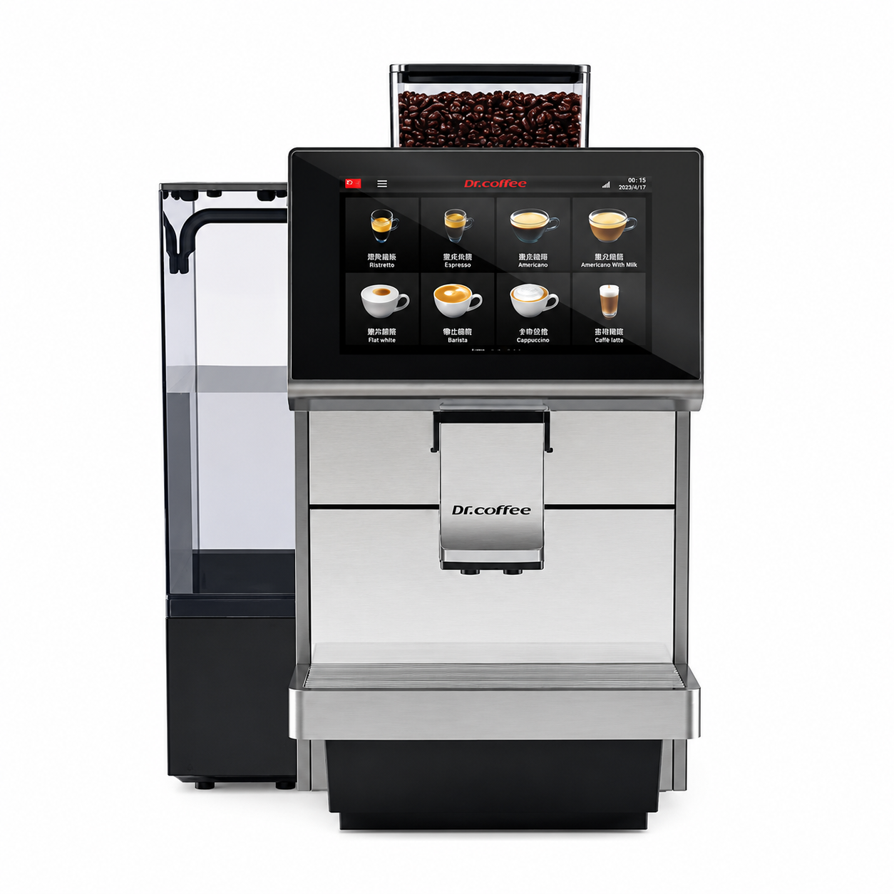 Dr Coffee Coffee Break Automatic Office Coffee Machine from Cirelli Coffee, featuring a 10.1-inch touch screen, 30 drink options, integrated milk line, ceramic grinder, Smart Clean technology, 8L water tank, and up to 100 cups per day output.