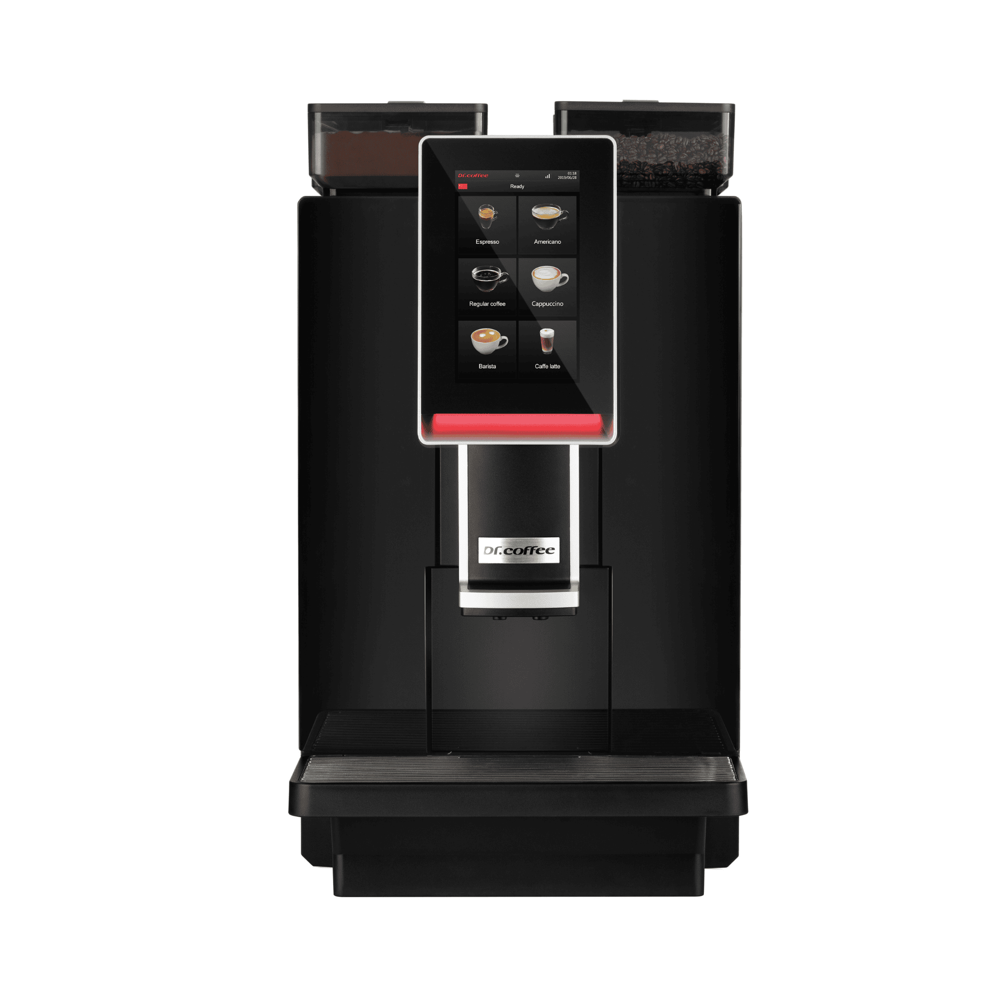 Dr Coffee MiniBar S2 Automatic Office Coffee Machine from Cirelli Coffee, featuring a full-colour touch screen, café-style drinks menu, ceramic grinder, 4L tank or mains connection, 1.5kg coffee hopper, powder hopper, temperature-controlled steam wand, and up to 200 cups per day output.
