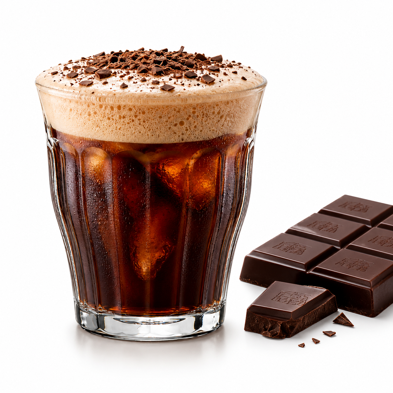 A clear ribbed glass filled with a dark brown iced coffee or cola, topped with a thick beige foam and sprinkled with chocolate shavings, with several chocolate bars placed beside it on a white background.